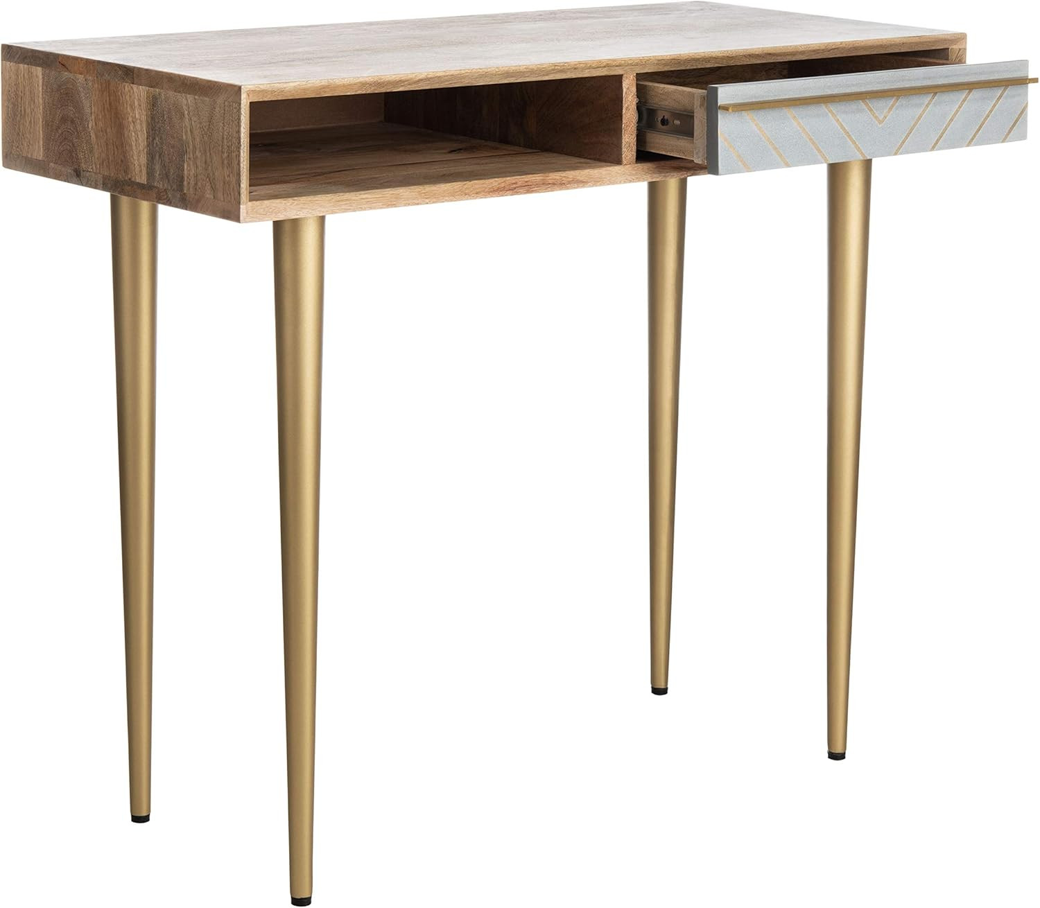 Leni Modern Natural Grey Brass 1-Drawer Desk for Stylish Home Office