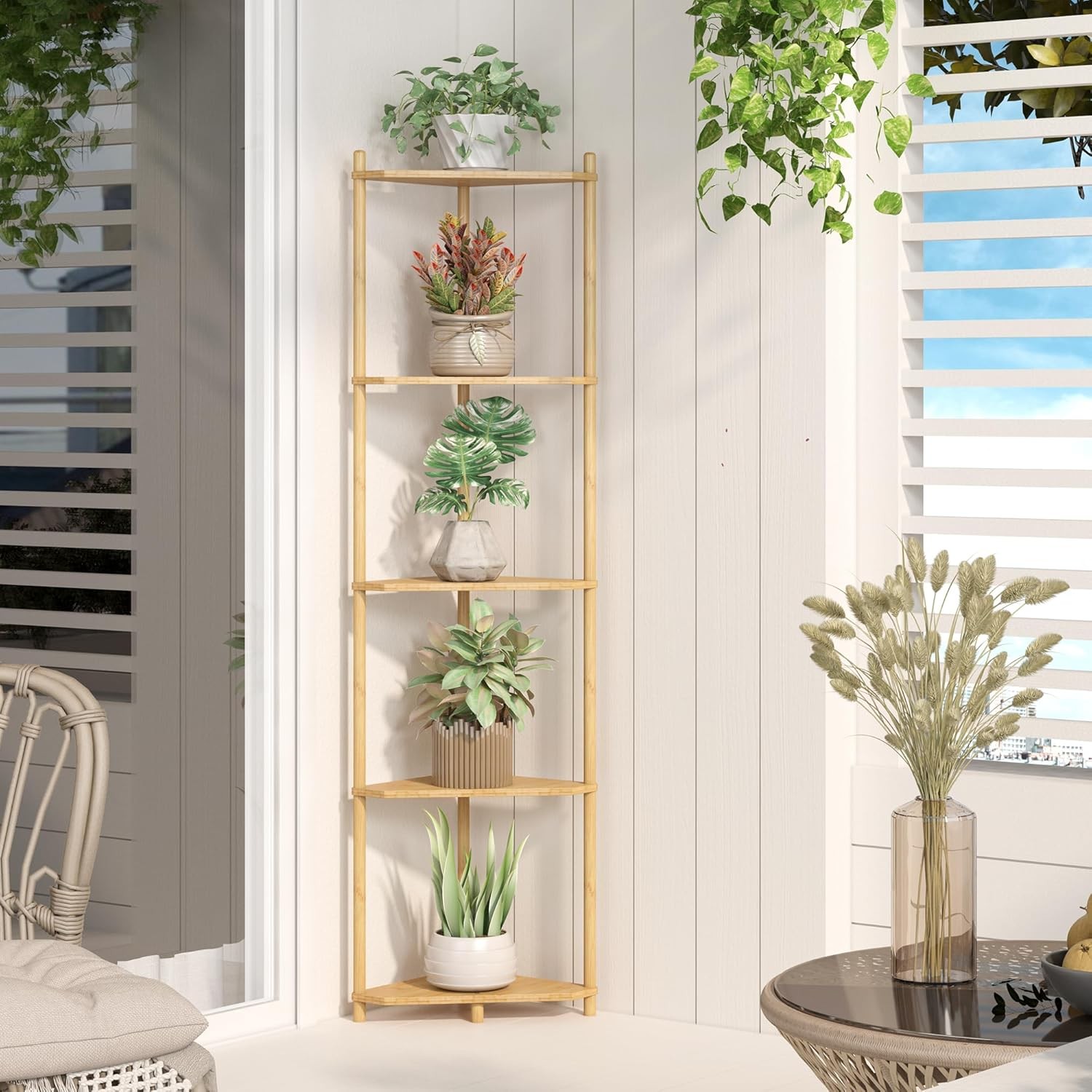 Corner Shelf Stand 5 Tier Natural Bamboo Small Corner Bookshelf Office Kitchen