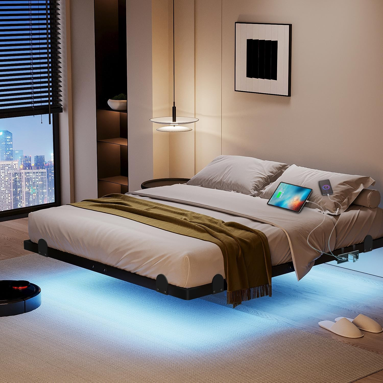 Floating Queen Bed Frame, 14 Inch Metal Platform Bed with Smart LED Lights & Cha