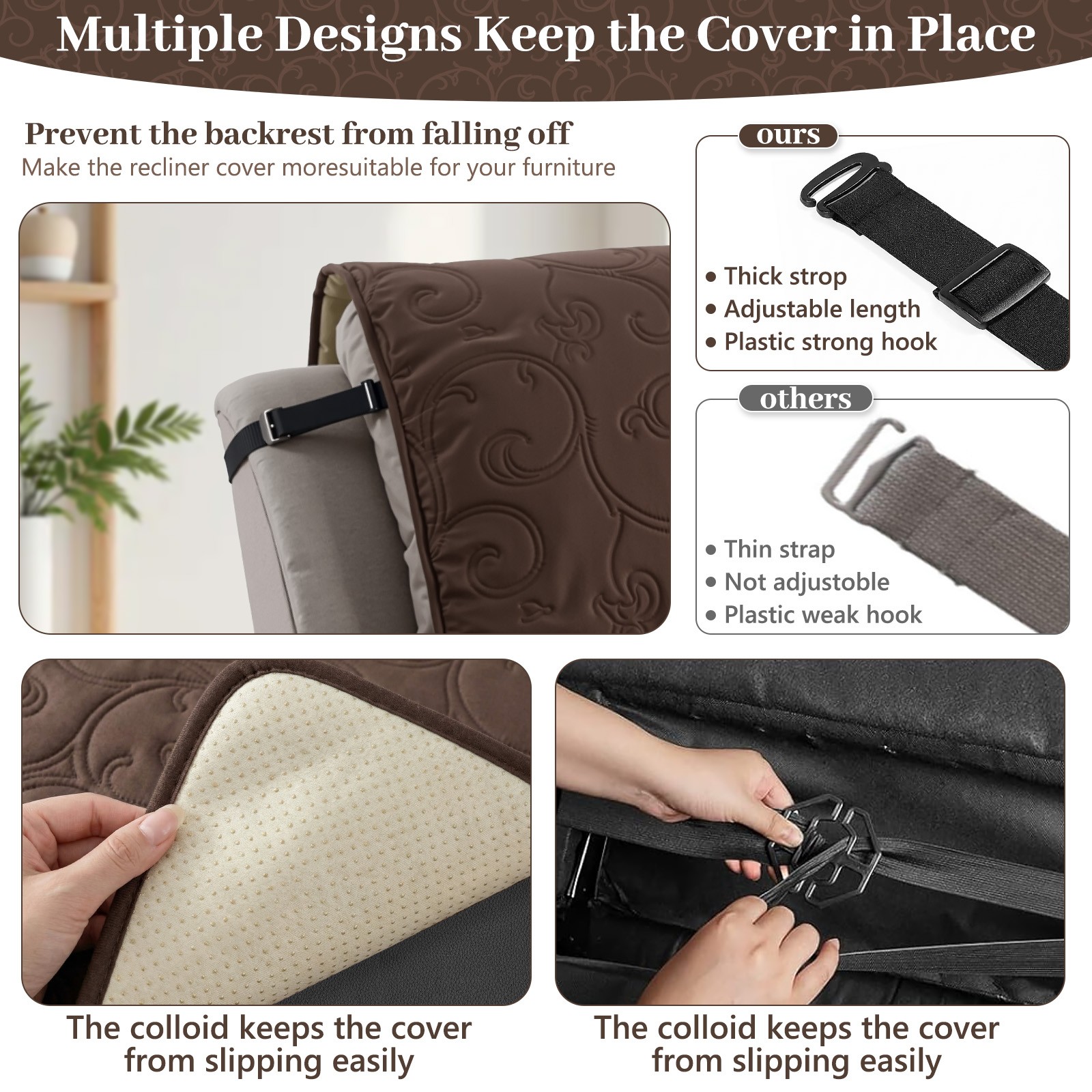 100% Waterproof Quilted Recliner Chair Cover Pad Non-Slip Protector w/ 6 Pockets