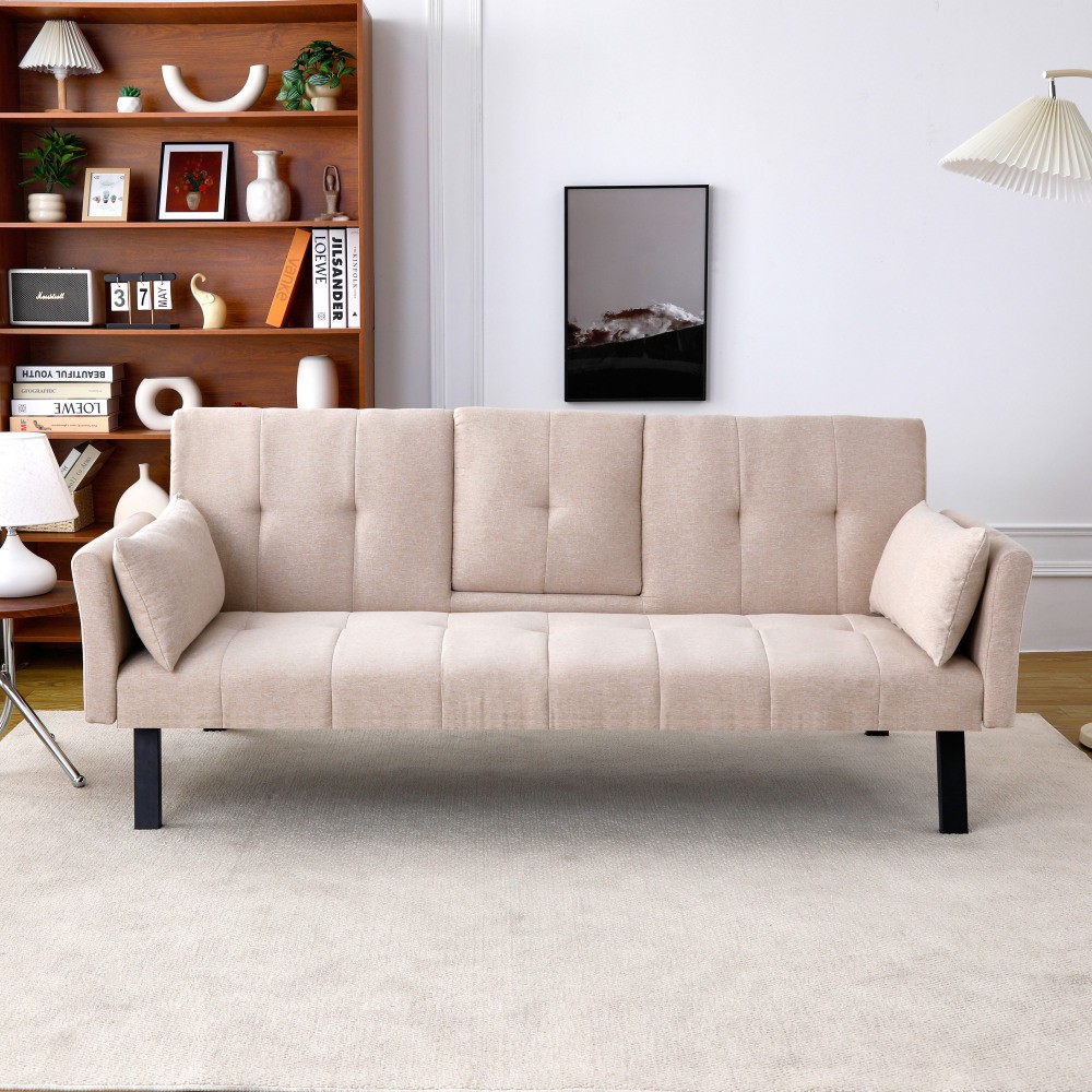 70″ Cotton Linen Sofa Bed, Foldable Sofa w/Cup Holder& Storage,Multi-Functional