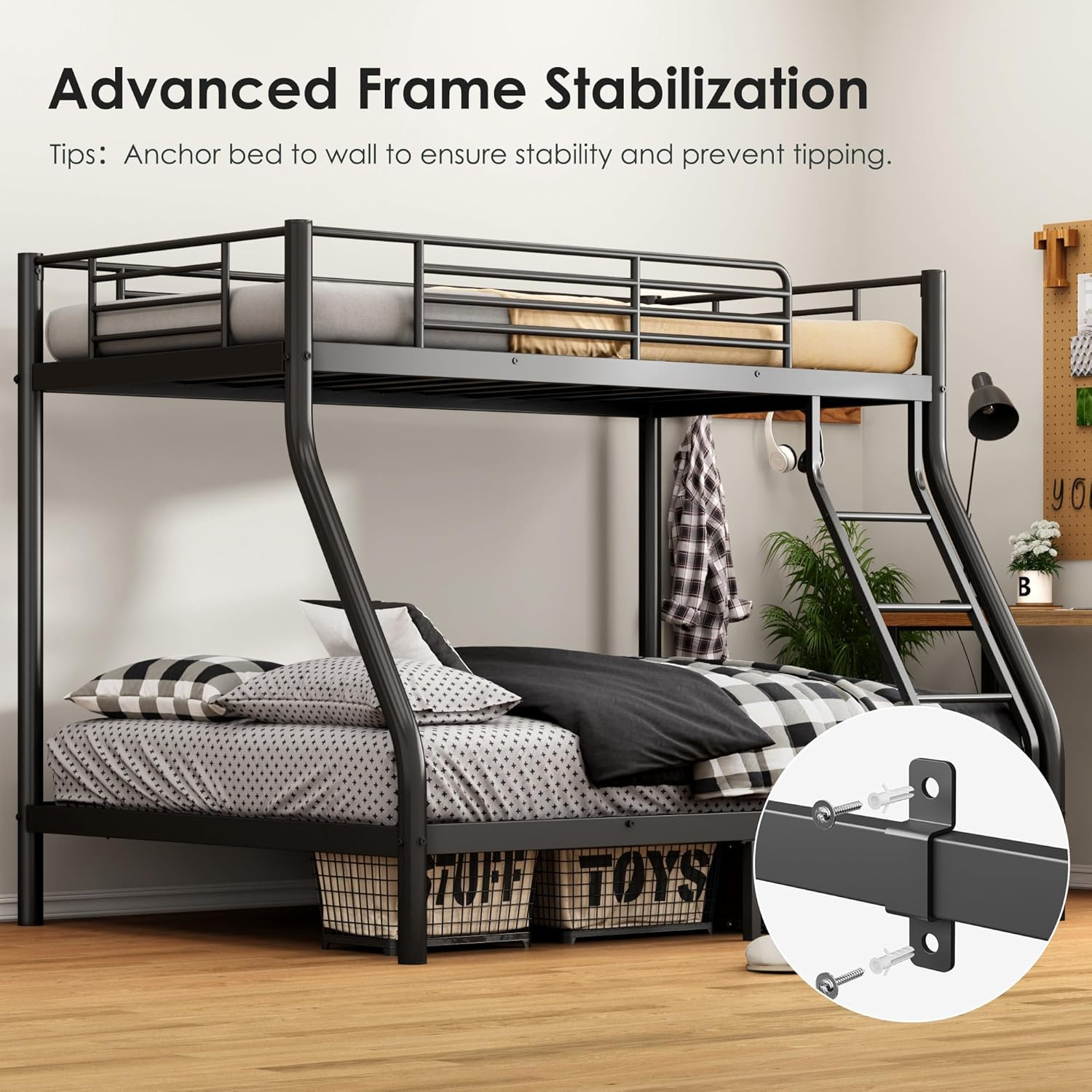 Sogesgame Bunk Beds Twin over Full Size, No Squeak Metal Heavy Duty Bed Frame wi