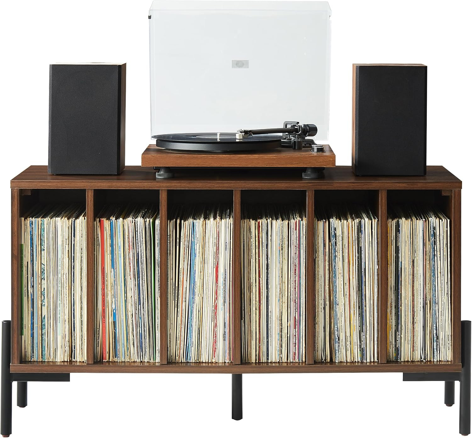 Modern Walnut Vinyl Record Storage Media Console & Turntable Stand