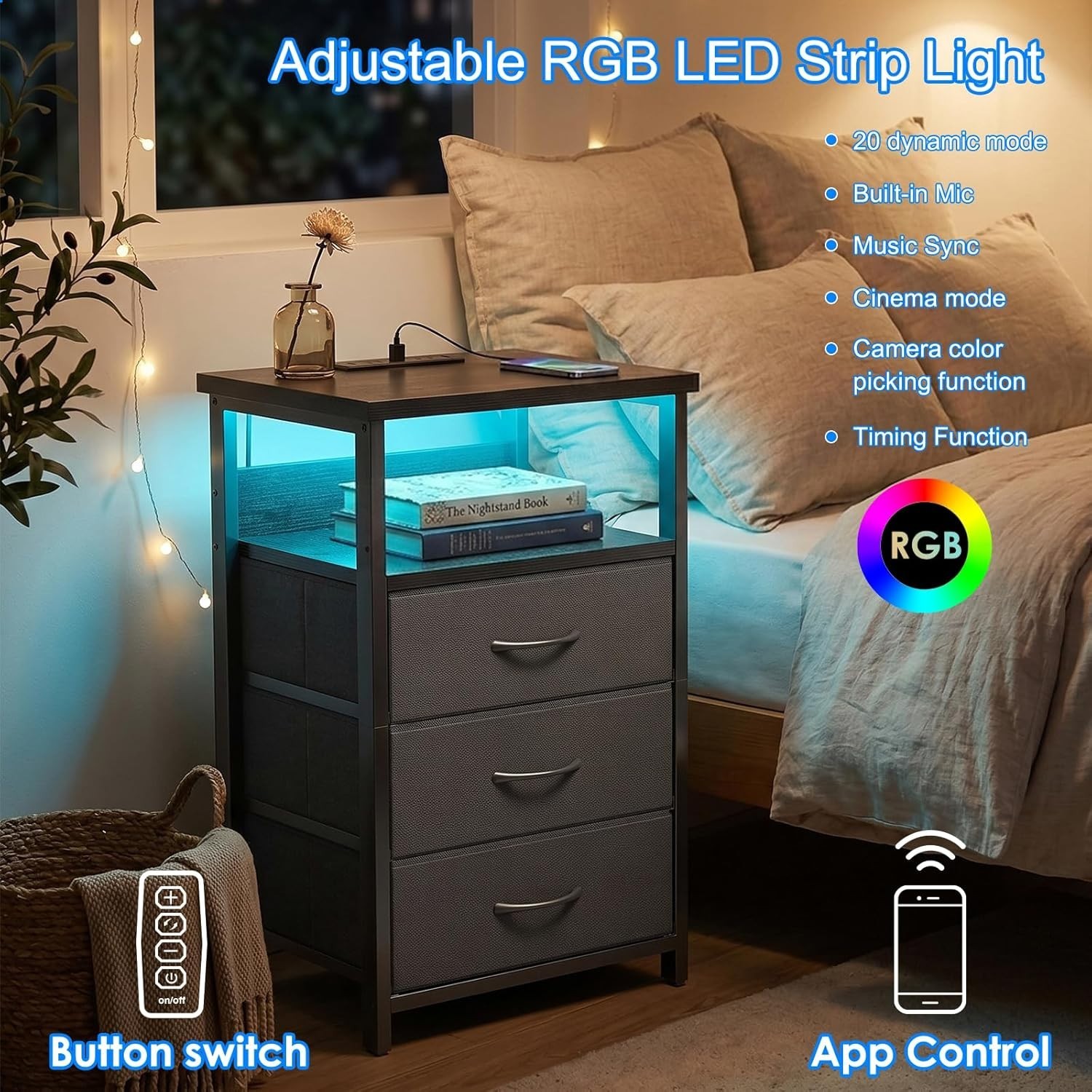 Multi-Functional Nightstand with 3 Drawers, LED Lighting, and Charging Options