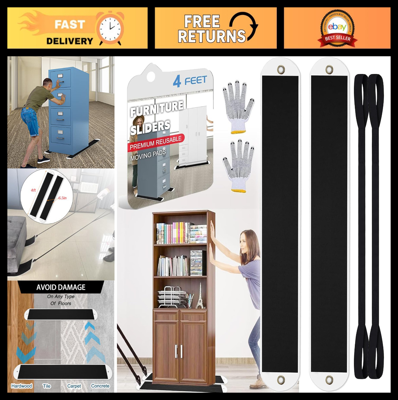 2 Set Heavy Duty Furniture Sliders with Pull Strap for Easy Moving on Carpet & H