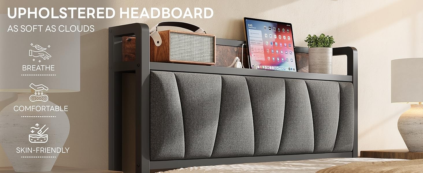 Twin Bed Frames, Storage Headboard with Charging Station, Solid and Stable,