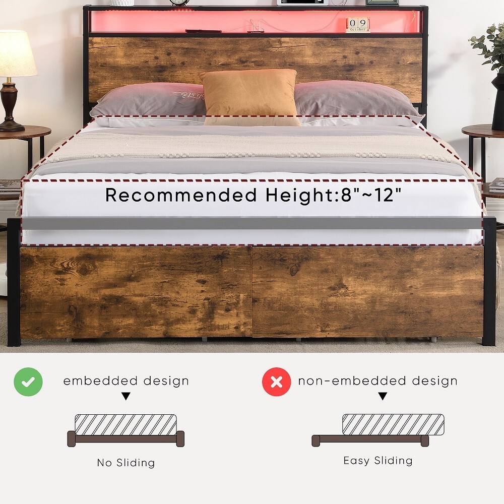 Full Size Bed Frame with Storage Headboard and 2 Drawers, LED Lights