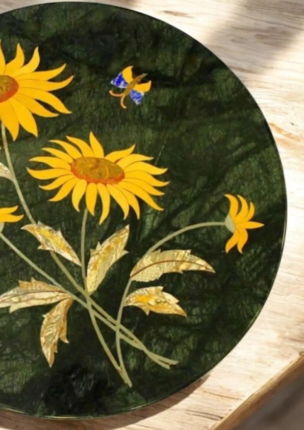 Round Green Marble Inlay Flowers Design Coffee Table Top Handmade Home Interior