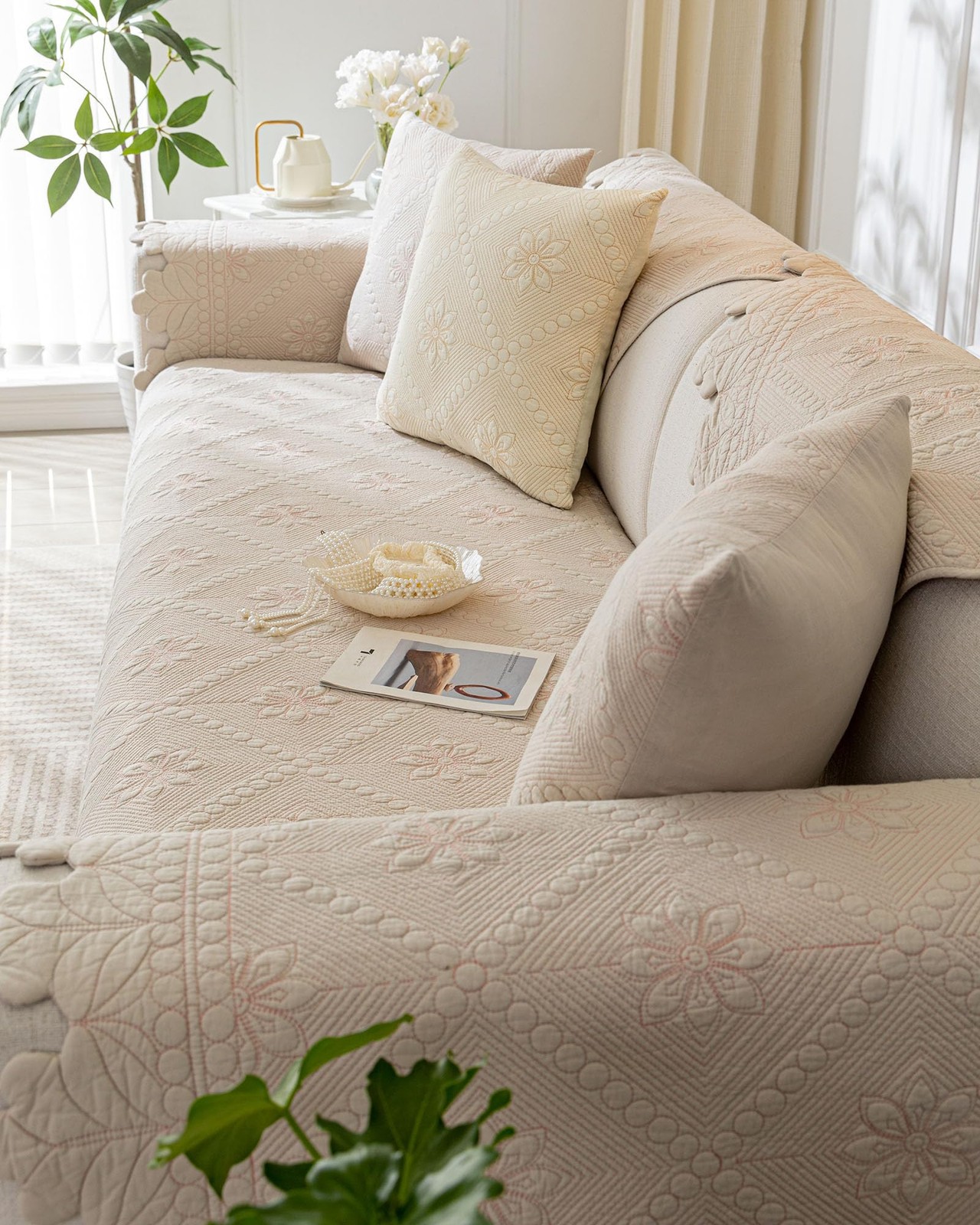 Quilted Dog Sofa Cover – Cotton Couch Protector with Rustic Embroidery Design