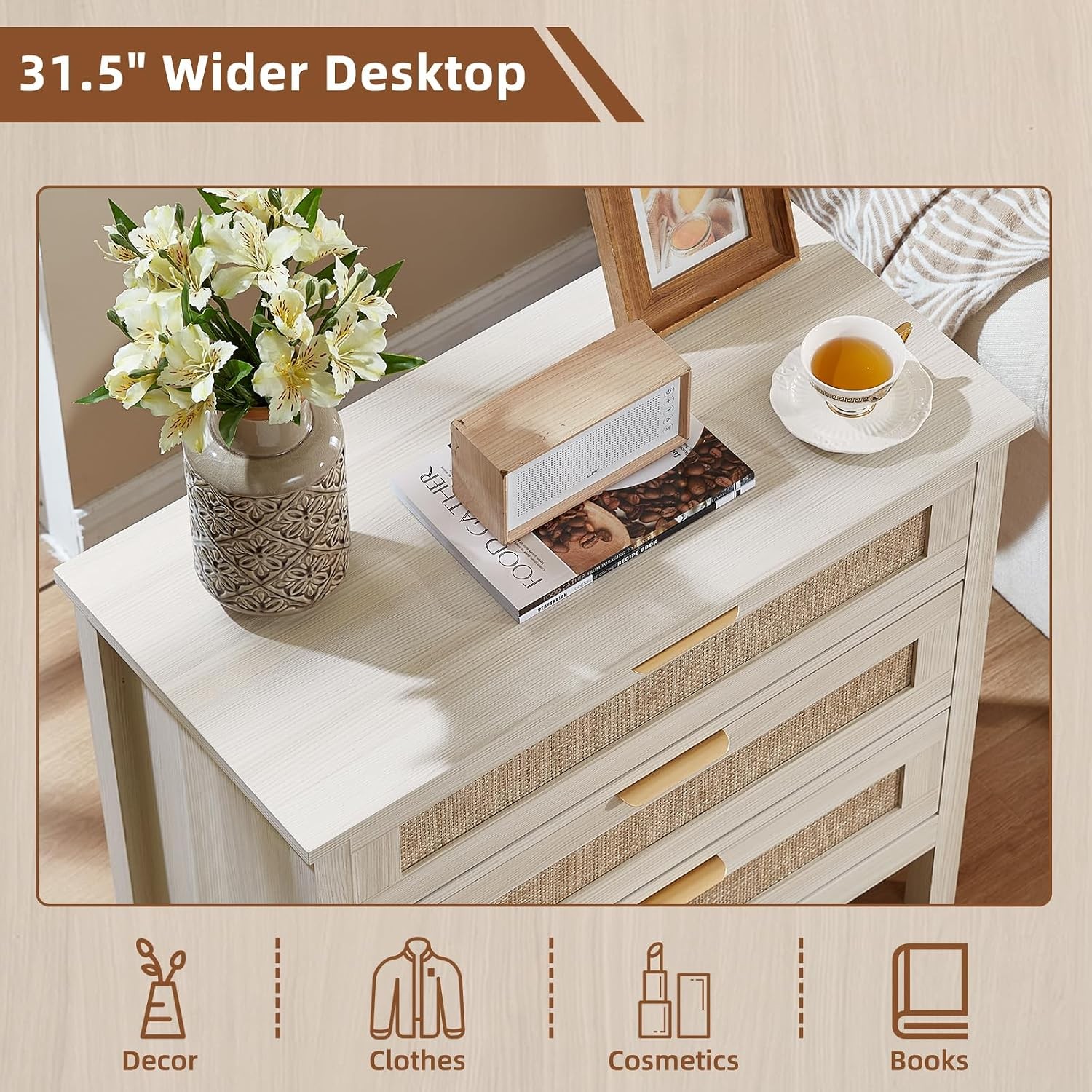 31.5″ Wide Rattan Nightstand Large Boho 3 Drawer Night Stand Grey White Bedside