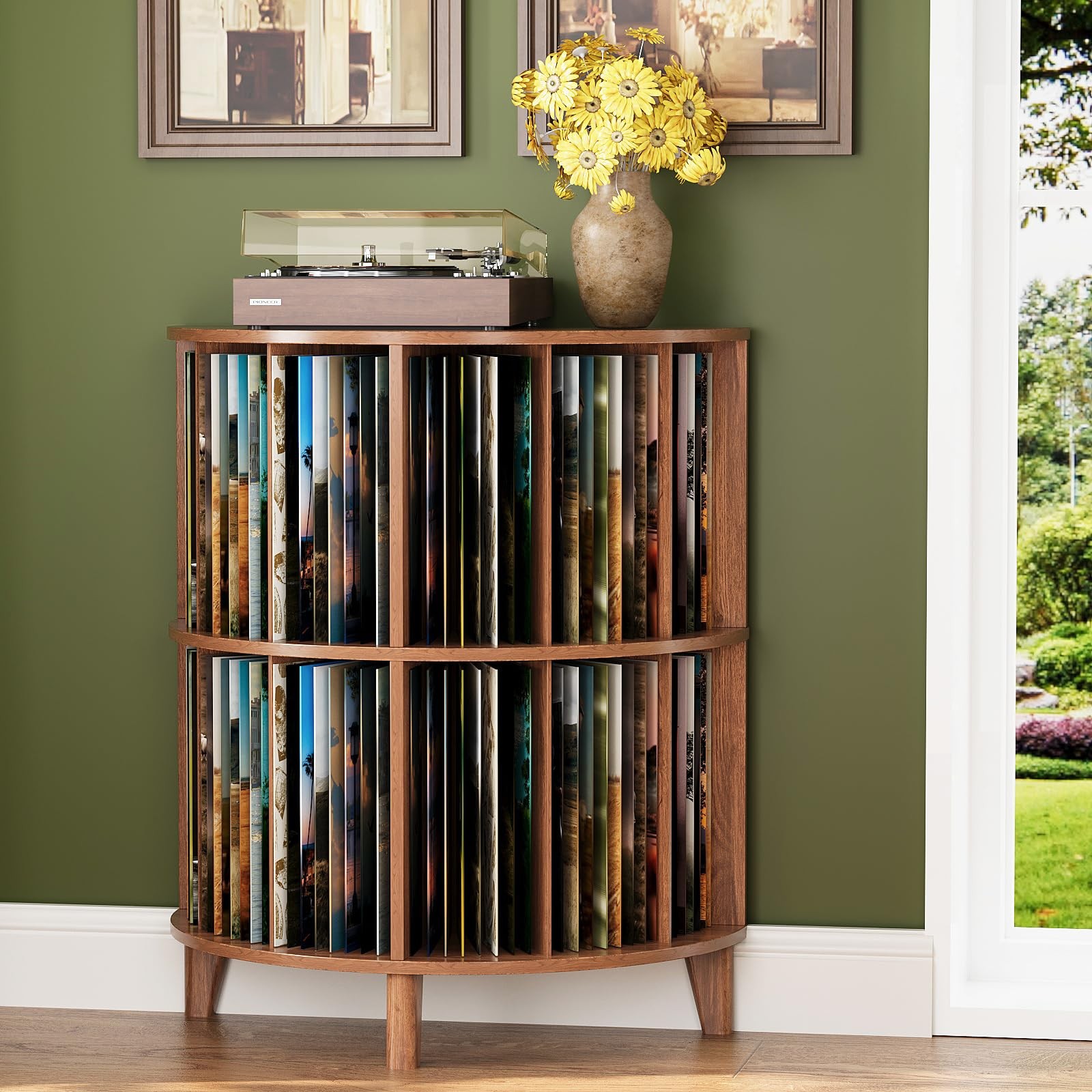 3-Tier Vinyl Record Storage Half Round Mid Century Vintage Player Table with …