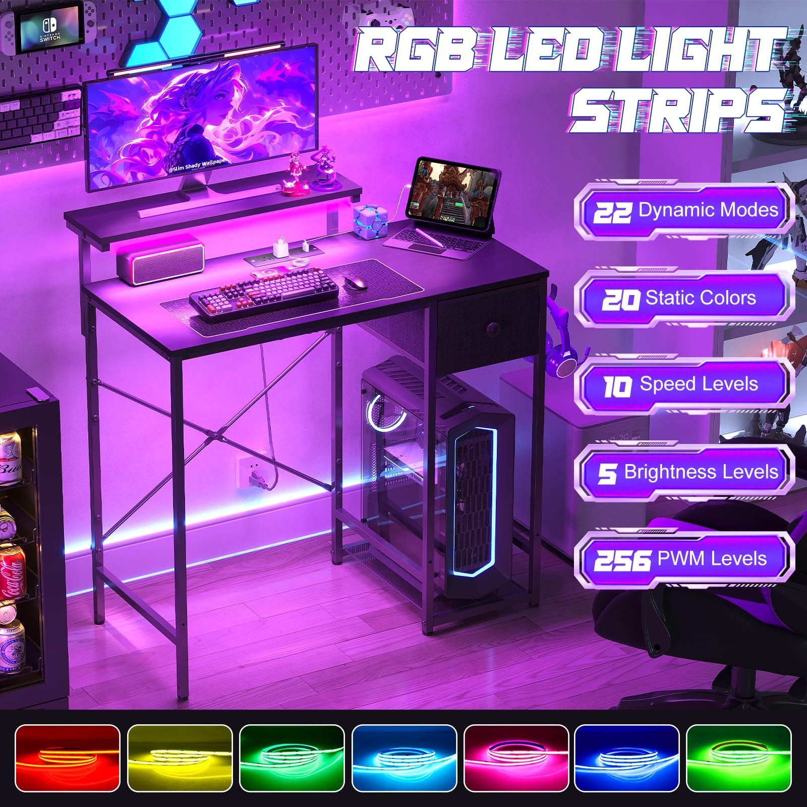 33.5″ Small Gaming Desk with LED Lights & Power Outlets, Compact Computer Desk