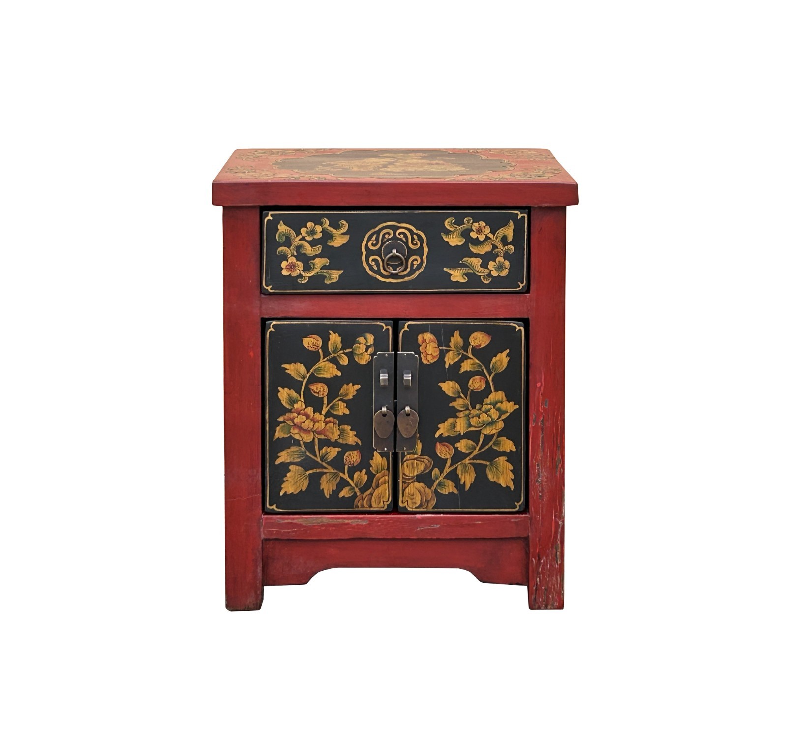 Oriental Red Black Doors Golden Flowers Graphic End Table Nightstand GB069