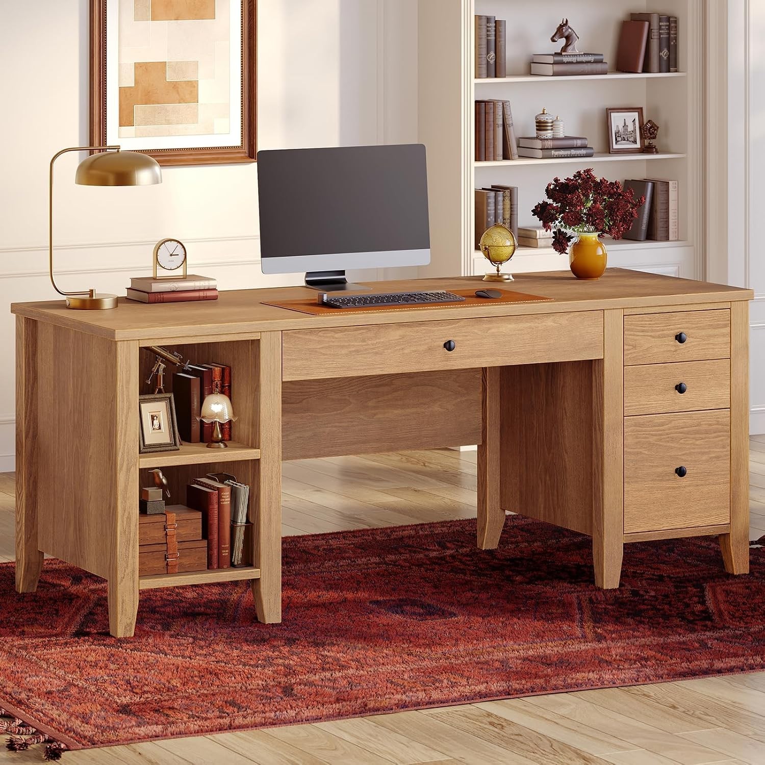 58.3″ Solid Pine Wood Computer Desk w/4 Drawers &Storage Shelves for Home Office