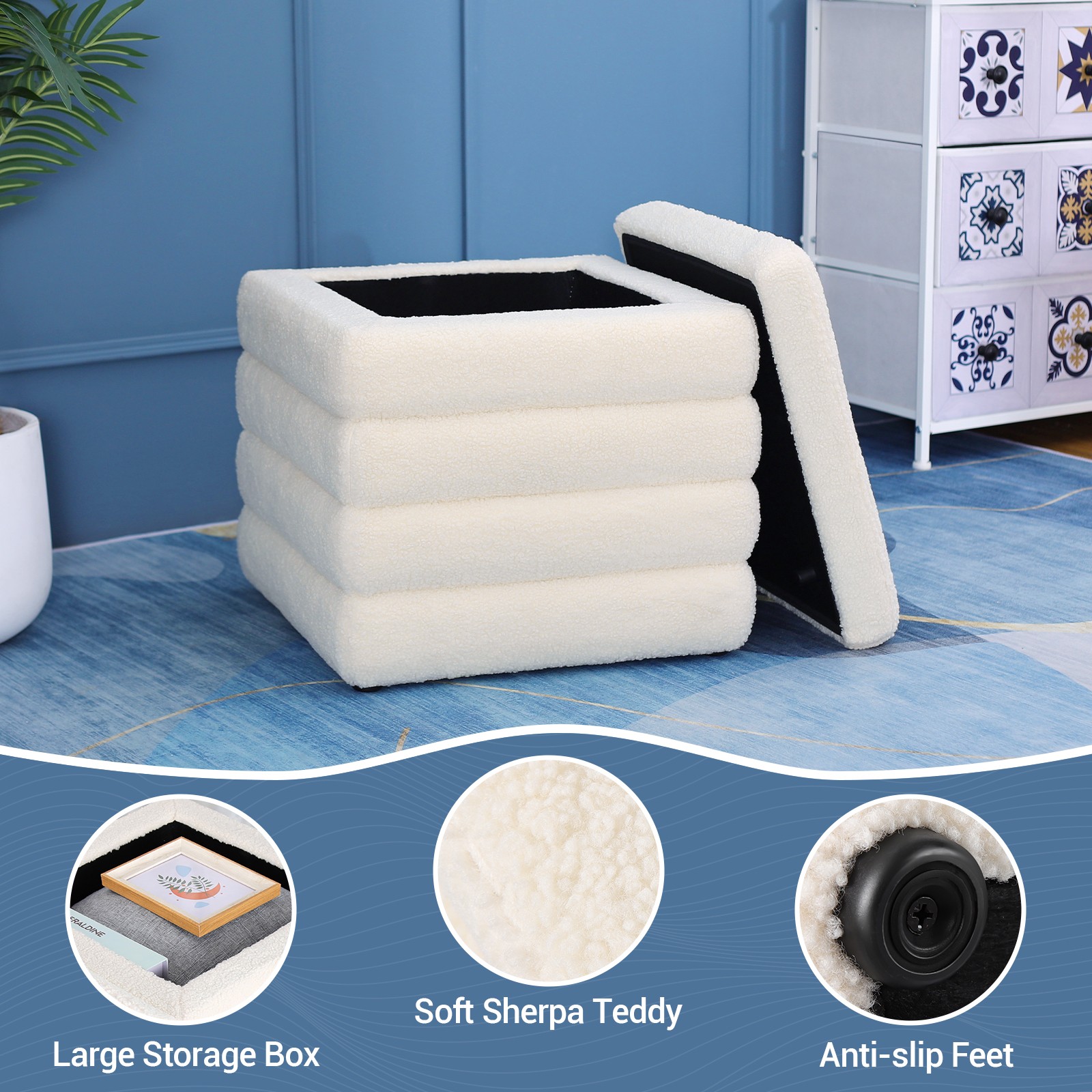 19″ Storage Ottoman Upholstered Bedroom Teddy Velvet Bench End of Bed Stool US