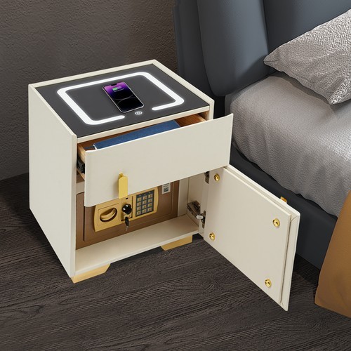 White Wireless Charging Bedside Cabinet w/Lock Bluetooth Speaker Bedside Table