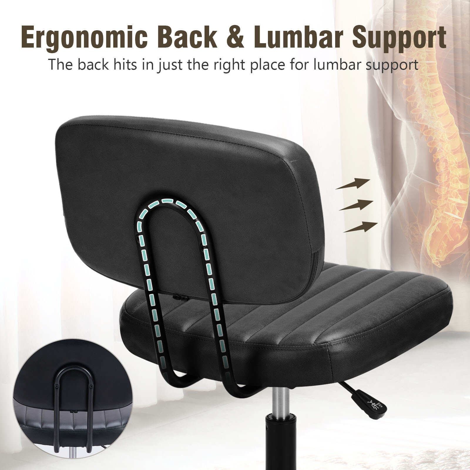 No Armrests, Low Back Lumbar Support PU Leather Home Office Swivel Chair