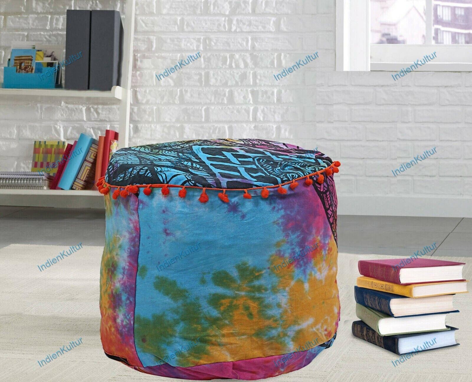 Cotton Bohemian Mandala Poufs As Per Image Foot Stool 22 in Embroidered Ottoman