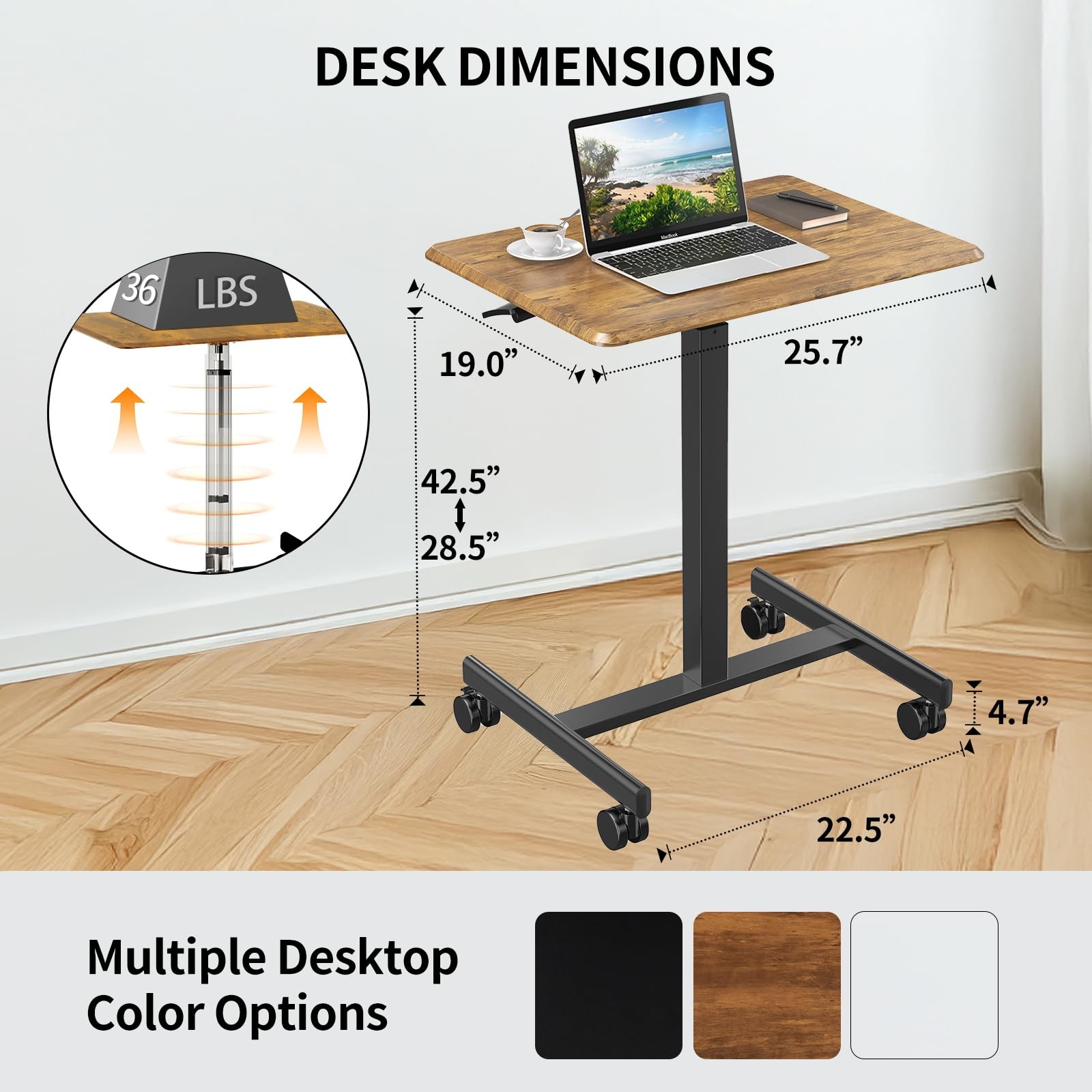 Rolling Standing Desk with Lockable Wheels Adjustable Height Brown/White/Black