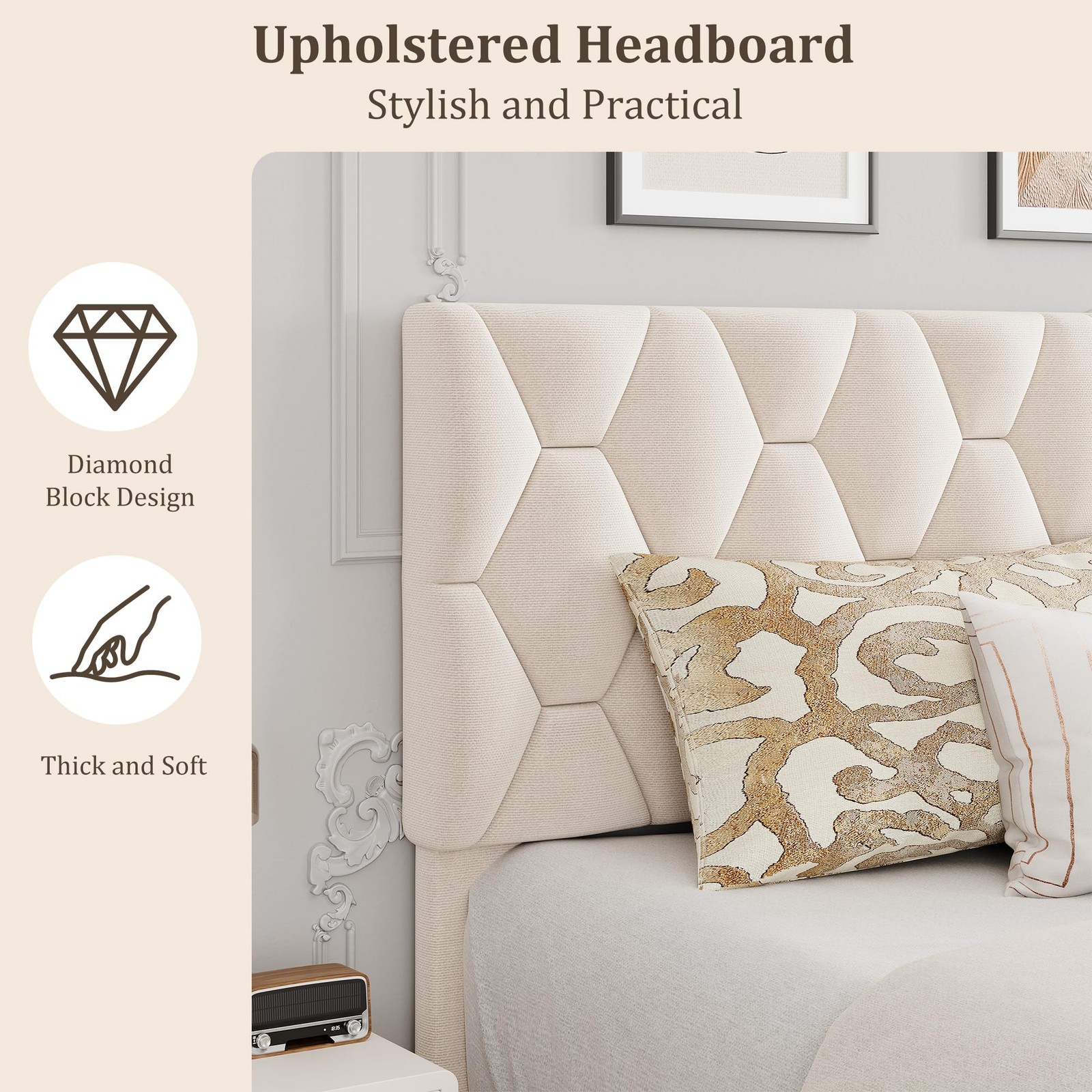Twin/Full/Queen Size Bed Frame Platform with Upholstered Headboard & Wooden Slat