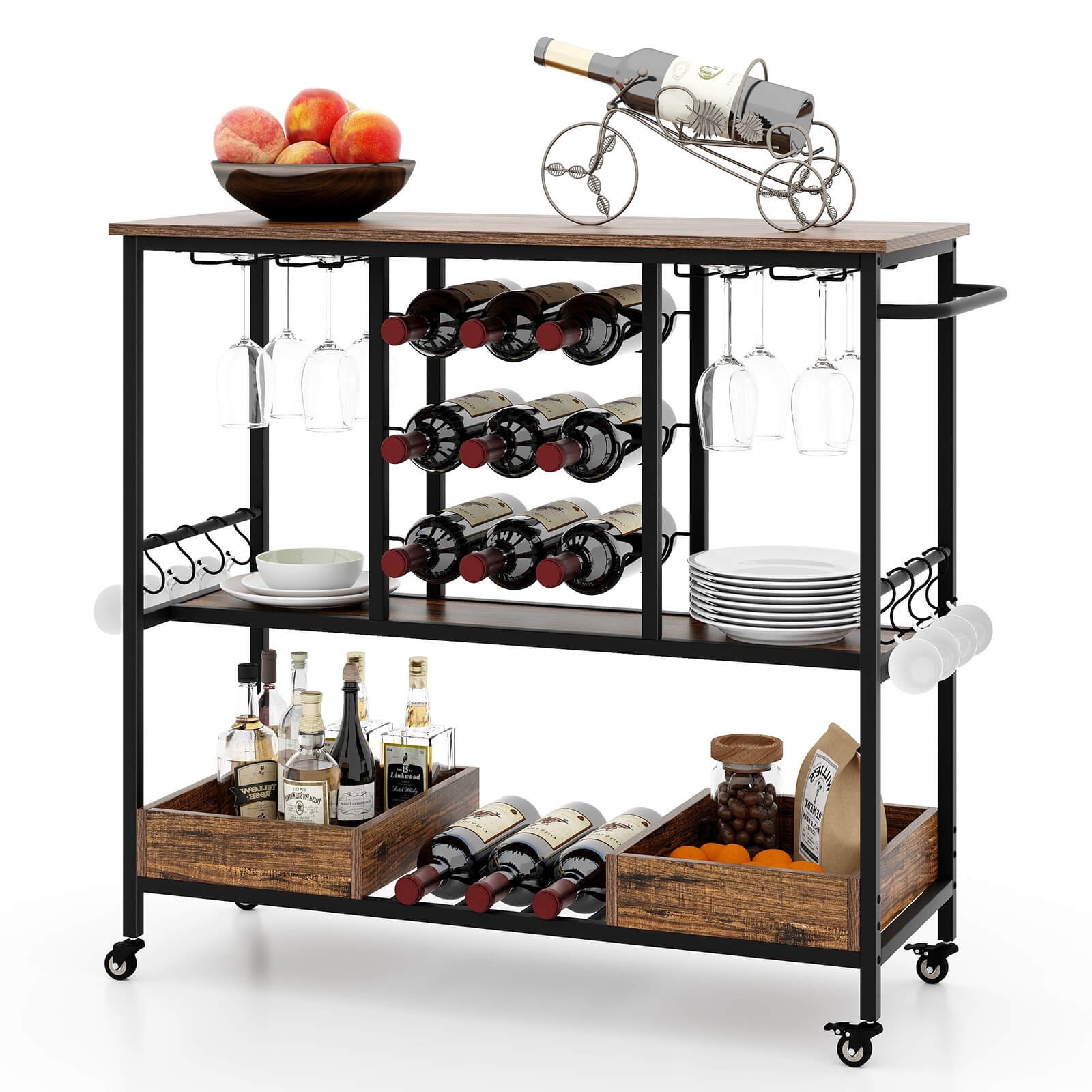 3 Tiers Bar Cart Home Serving Cart on Wheels with Glass Racks Wine Holders