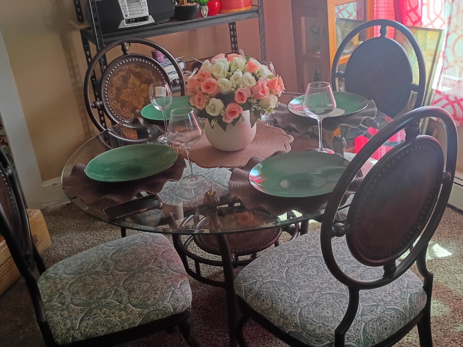 Round Glass Top Metal Dining Table Set w/ 4 Chairs, Black/Clear, Seats 4