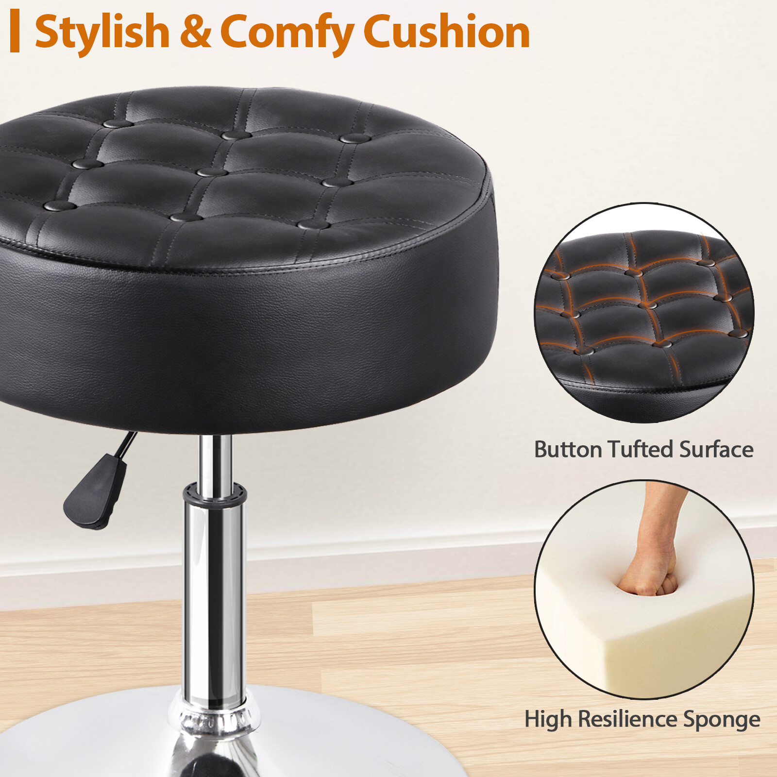 Adjustable Round Ottoman Stool Vanity Stool PU Leather Swivel Makeup Stool Black