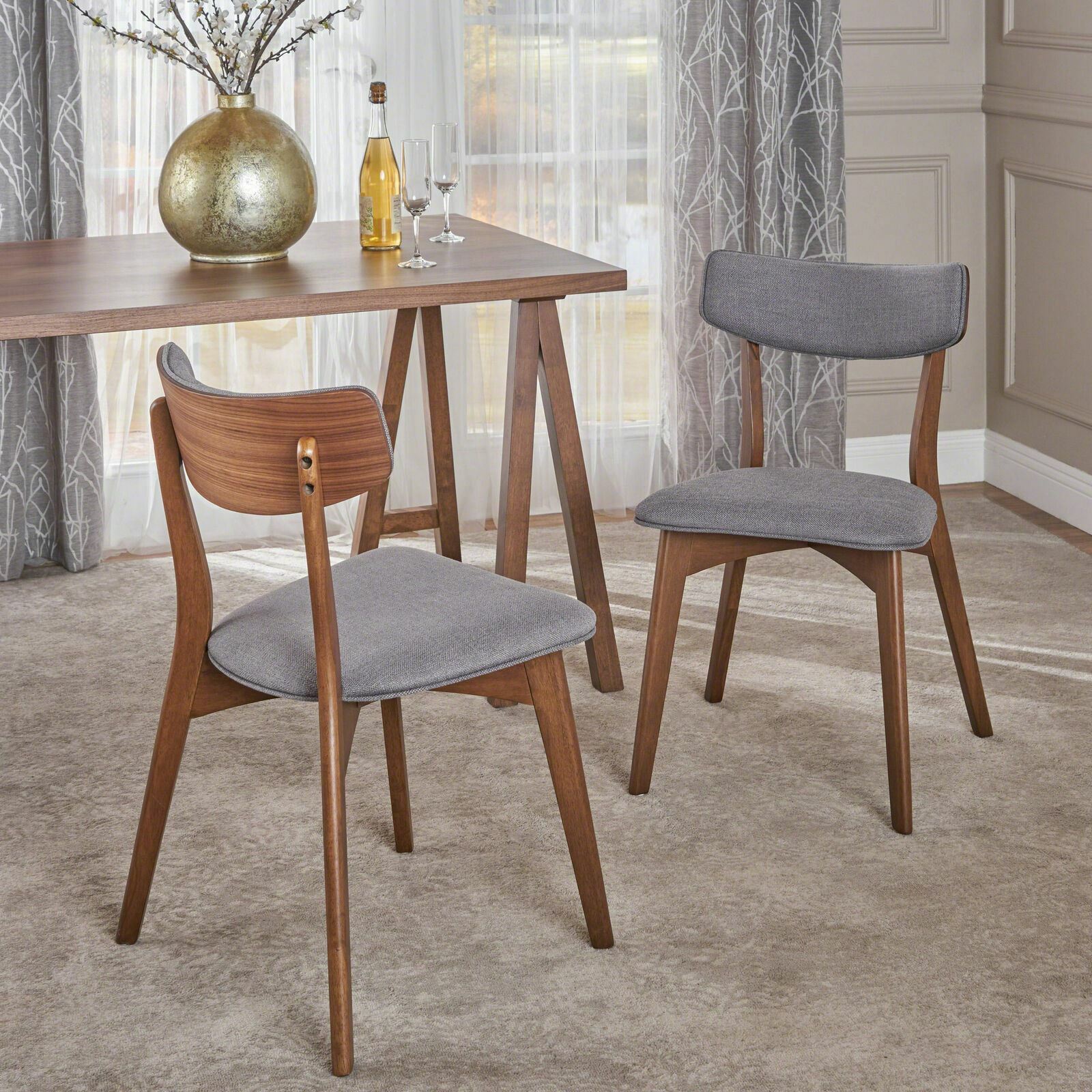 Molly Mid Century Modern Fabric Dining Chairs with Rubberwood Frame (Set of 2)