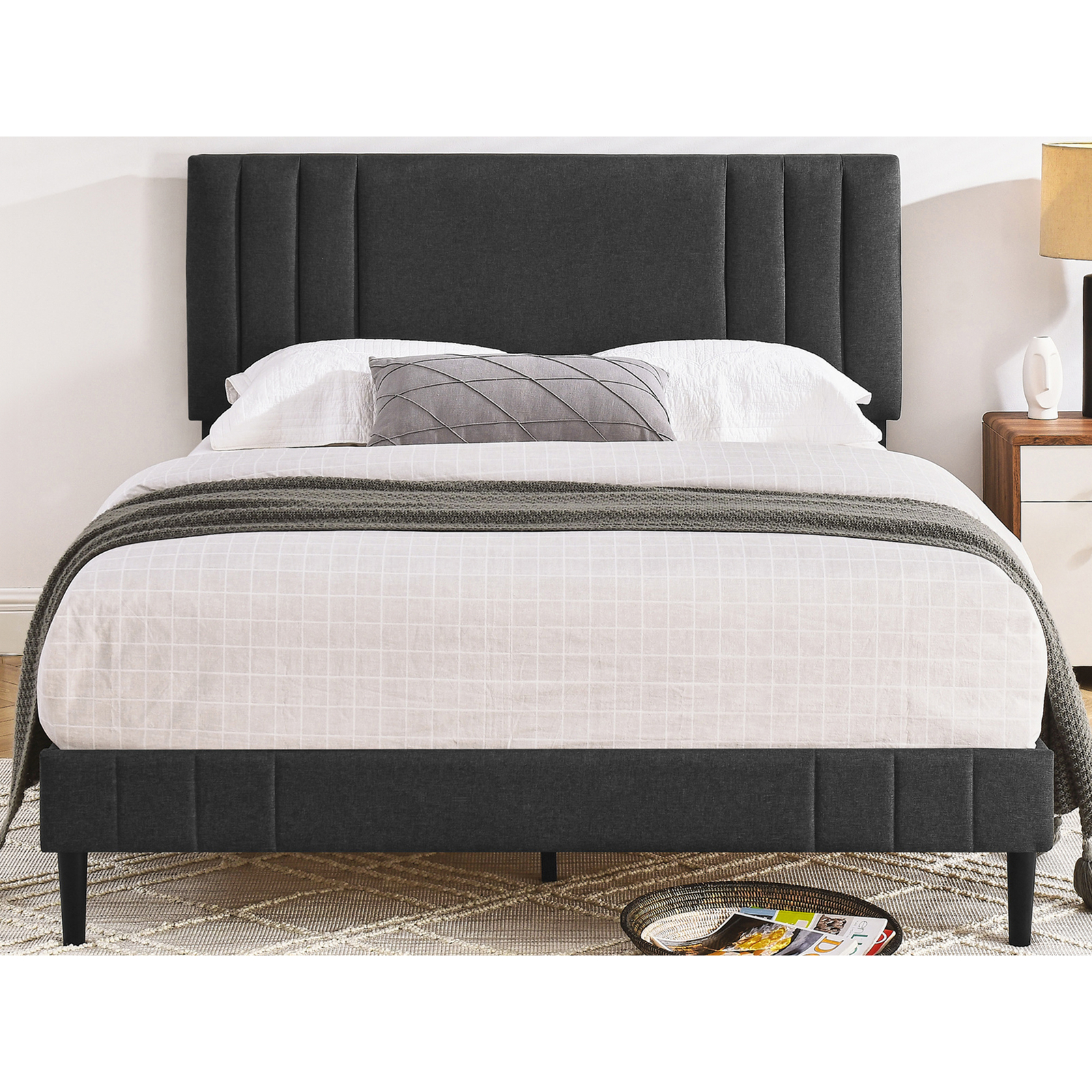 DeCoro Chicago Modern Tufted Upholstered Platform King Size Bed Frame, Dark Grey
