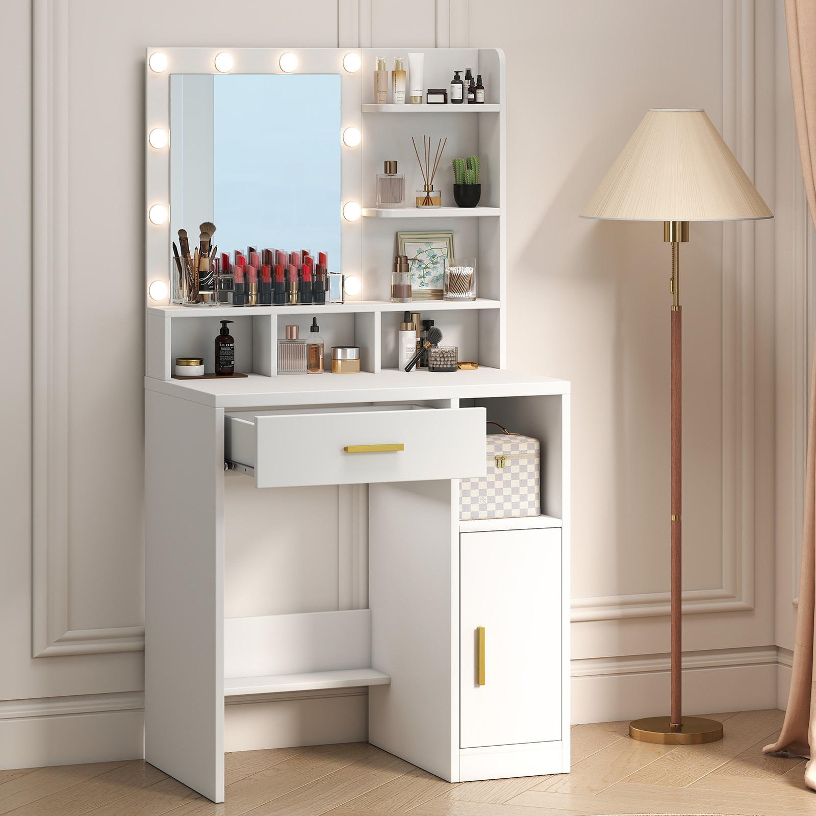 Vanity Desk Easy Assembly Dressing Table Full Mirror Design Bedroom Cosmetic Sto