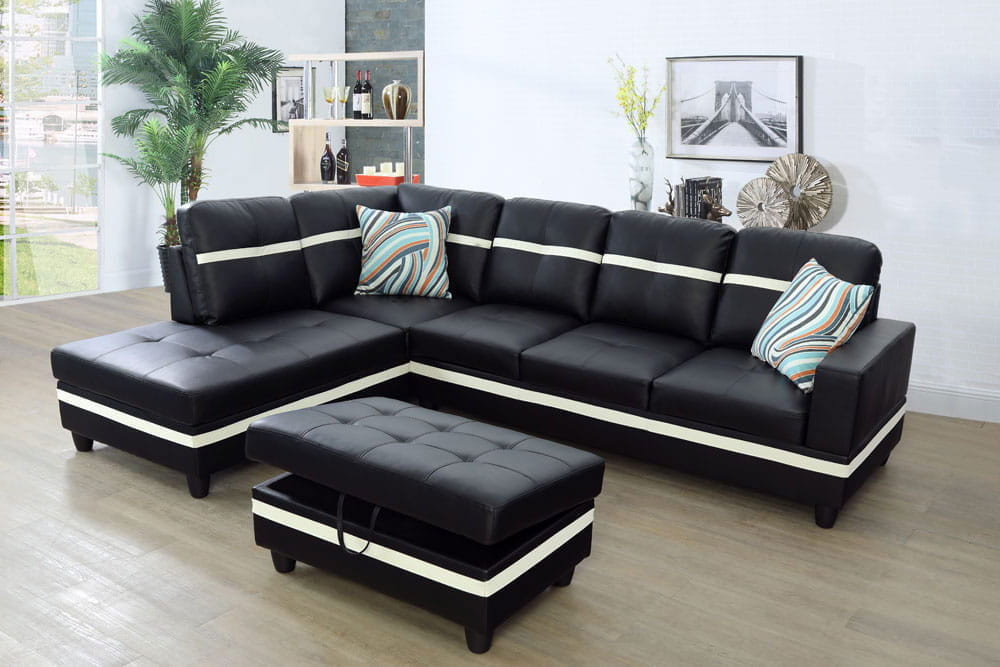 NEW Modern Contemporary Black Sectional with Storage Ottoman & 2 Pillows
