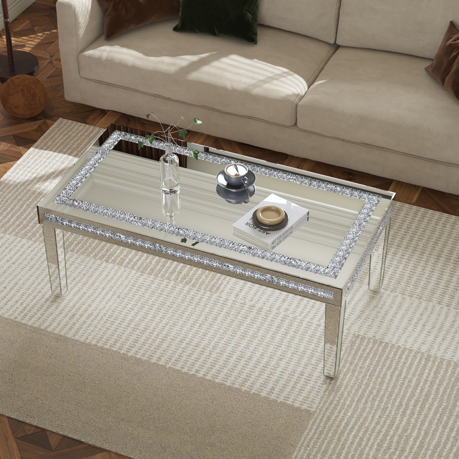 47.24″ Rect Silver Mirrored Coffee Table w/Crushed Crystal Diamond Inlay Decor