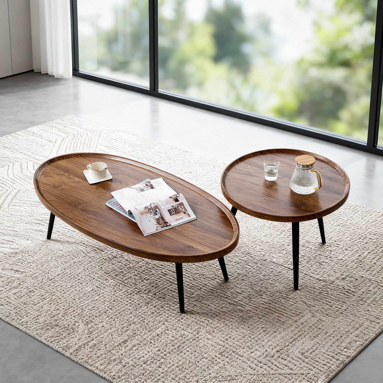 Walnut Nesting Coffee Table Set of 2 Mid Century Modern End Side Table