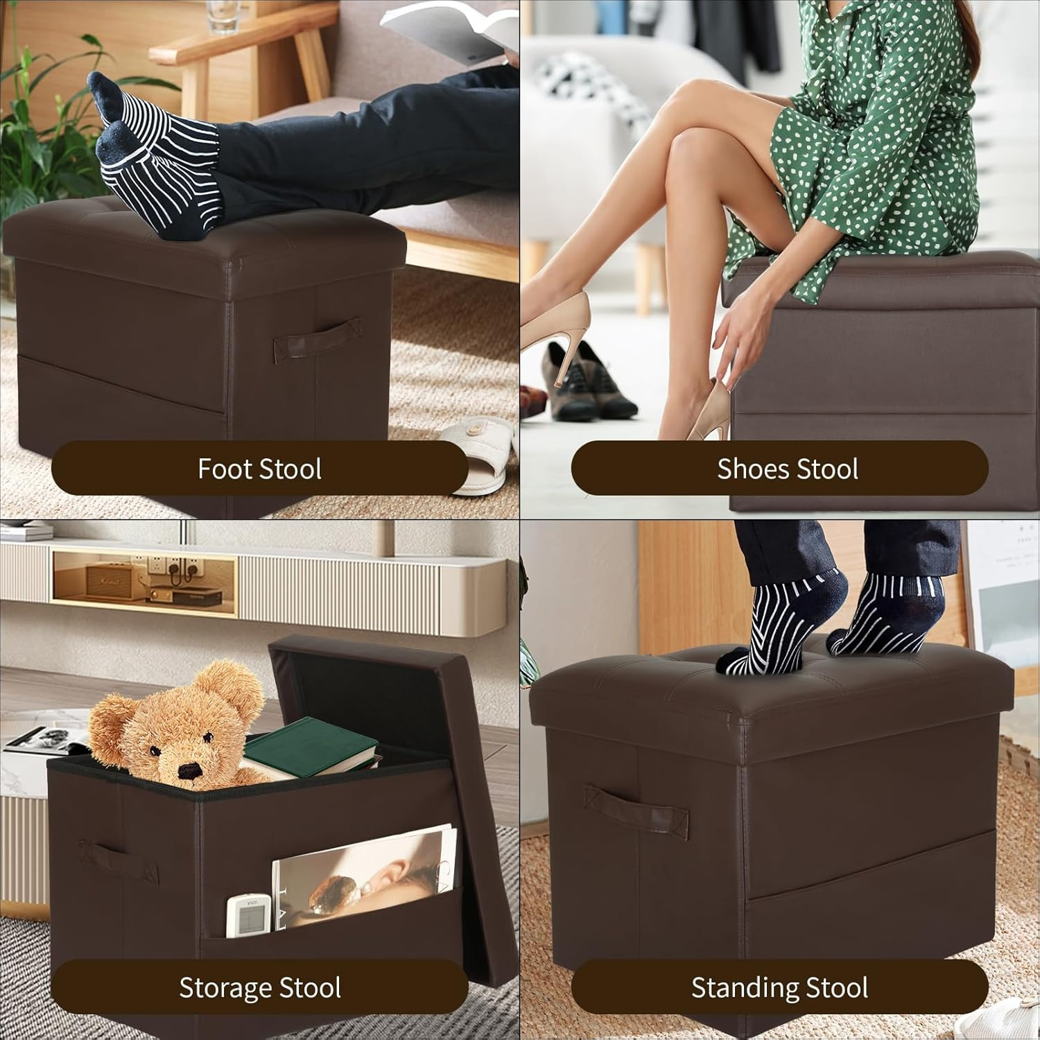 Foldable Storage Ottoman Foot Rest Stool Padded Seat Brown 17x13x13in