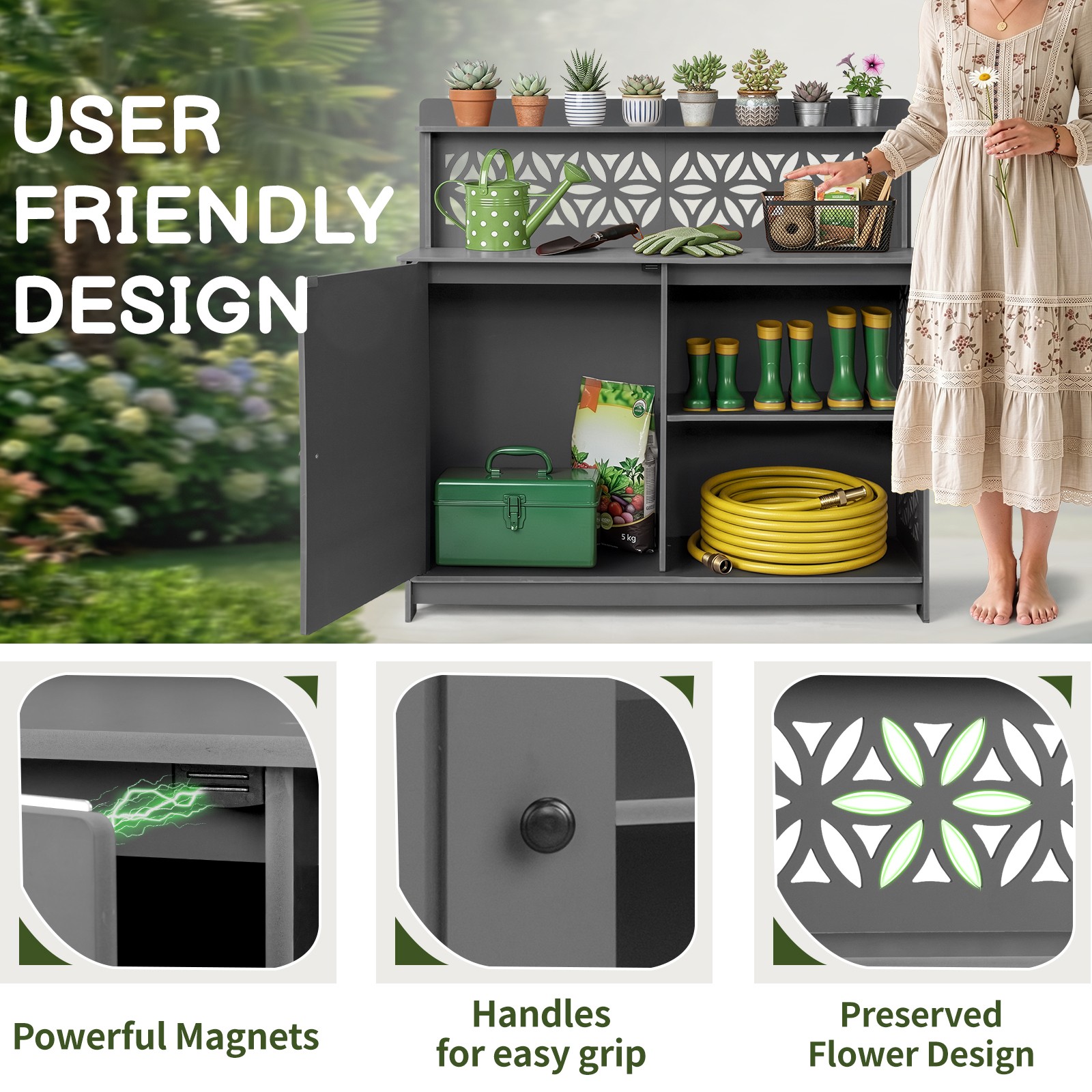 44″ Plastic Storage Cabinet, Workbench w/ Shelf, Door for In/Outdoor Garden