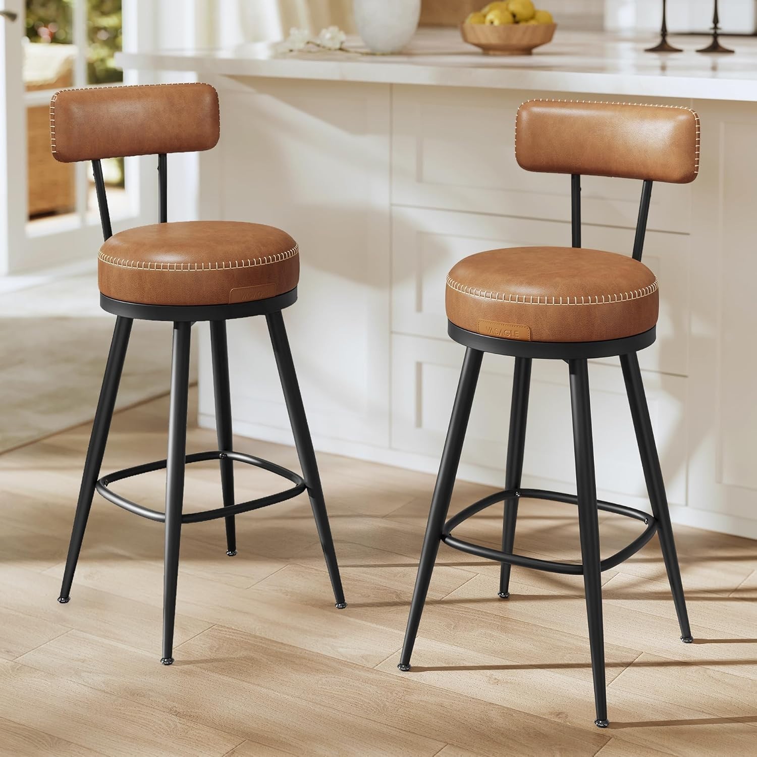 Elegant Bar Stools with Backrest – Set of 2 in Caramel Brown, 25.6-Inch Height