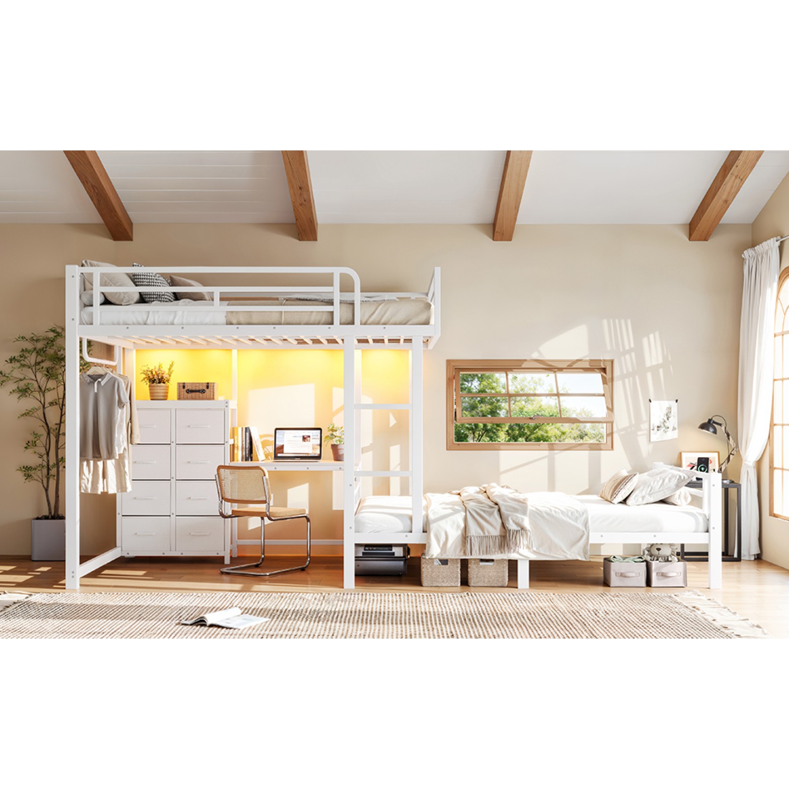 Full Over Full Bunk Bed with 8 Storage Drawers, Shelves, Desk & Rod