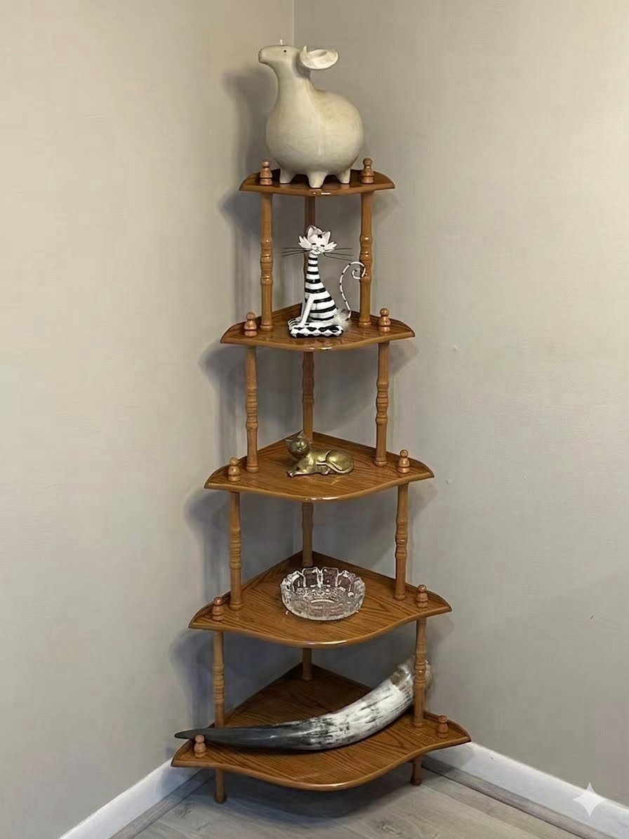 Vintage 5-Tier Oak Wood Corner Shelf Display Etagere Spindles Victorian Colonial