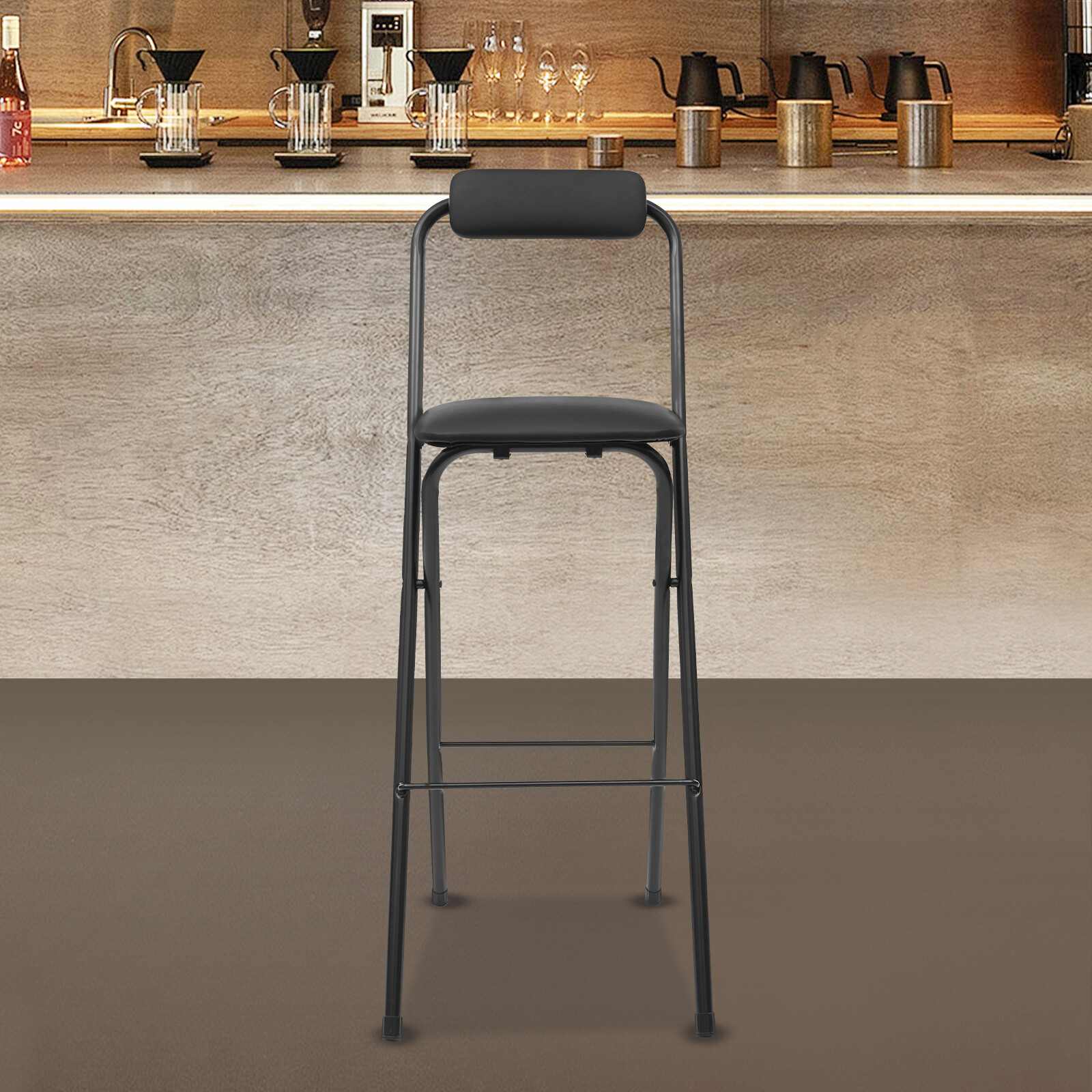Folding Bar Chair Black PU Seat Carbon Steel Frame 75cm Foldable