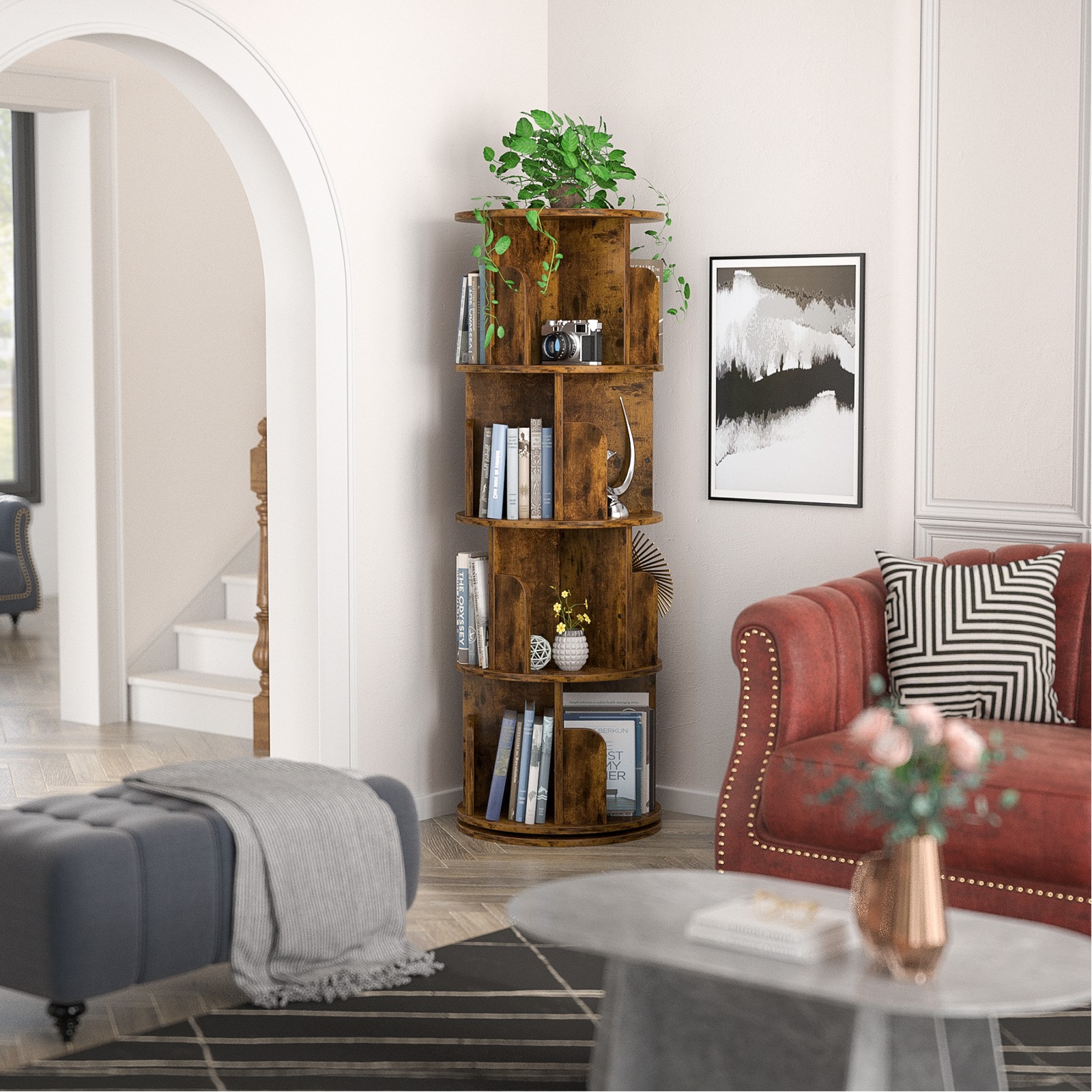 4 Tier 360 Degree Rotating Multifunctional Bookcase Wood Storage Rack Bookshelf