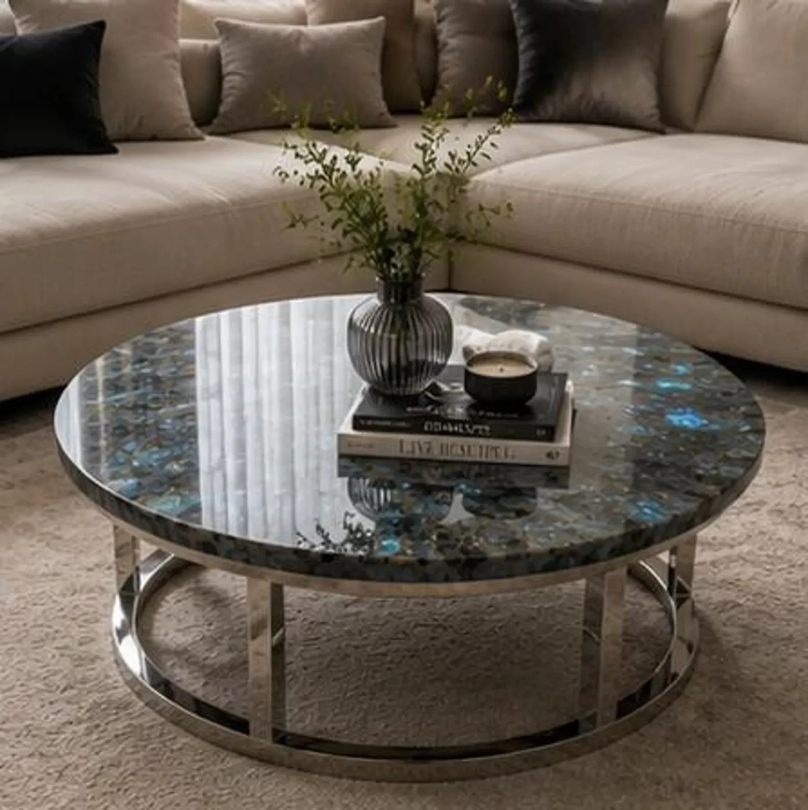 Round Labradorite Coffee Table | Iridescent Blue Flash Gemstone Top | Luxury Art