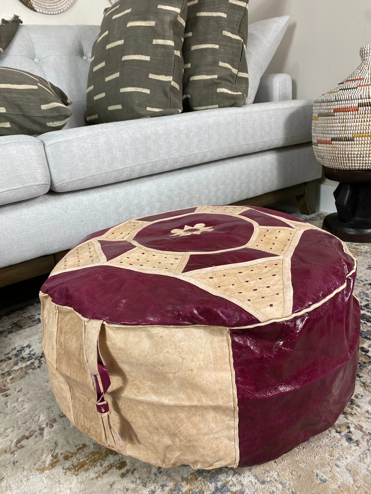 Handmade Malian Leather Pouf: Fushia & Beige Tuareg Ottoman