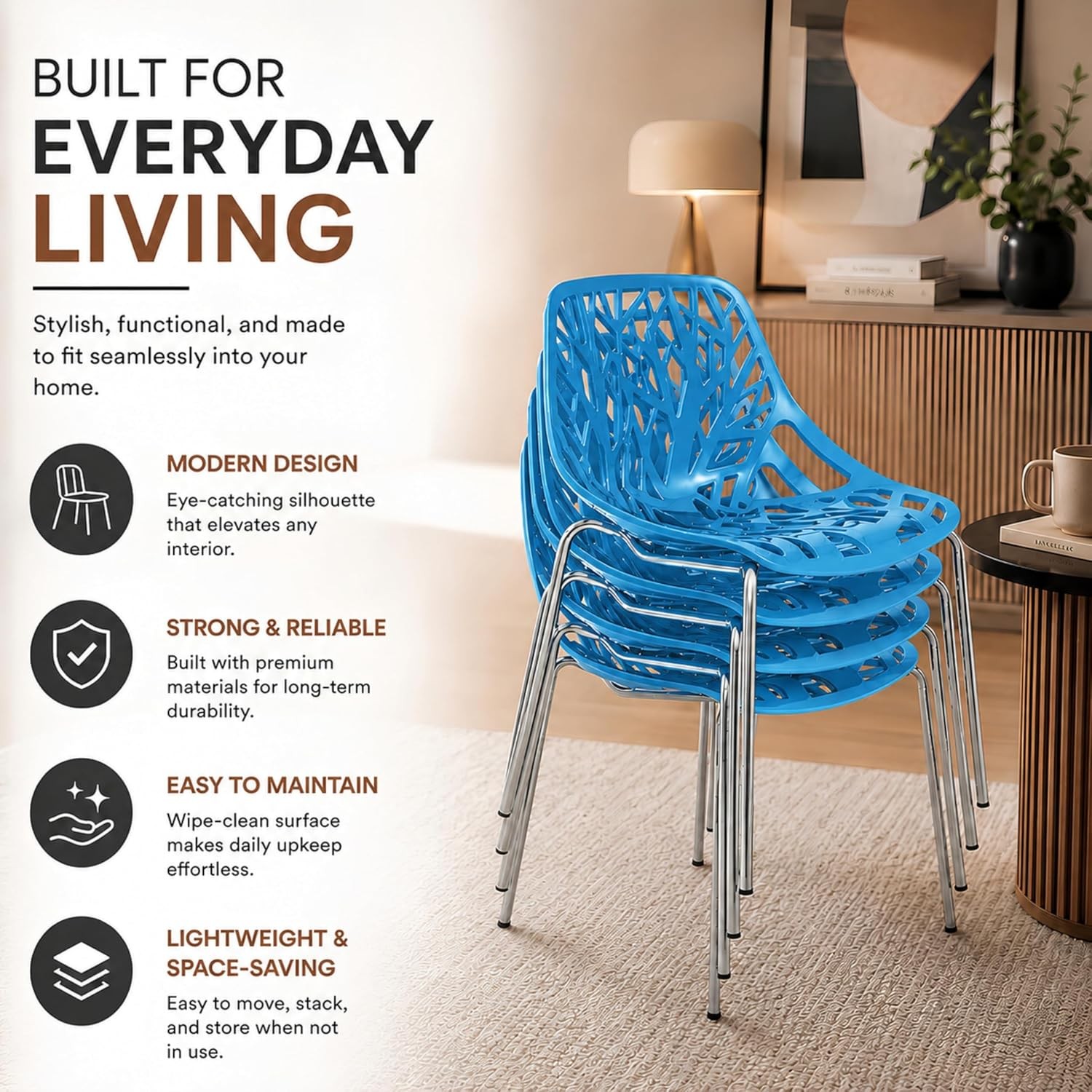 Asbury Modern Dining Chair Blue Color, Polypropylene Seat with Chrome Legs,