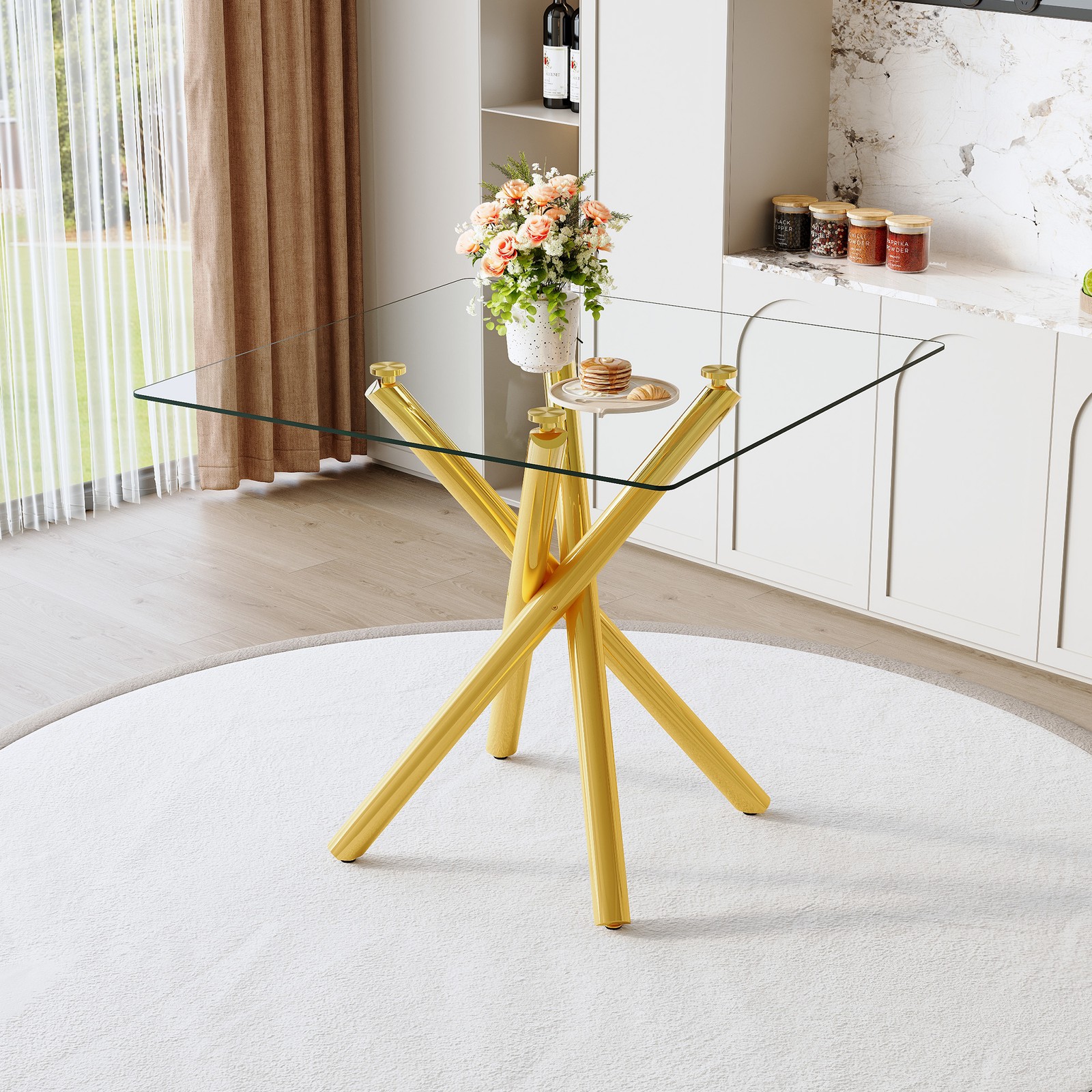 Gold Bar Table with Tempered Glass Top & Cross Metal Legs 37.8″
