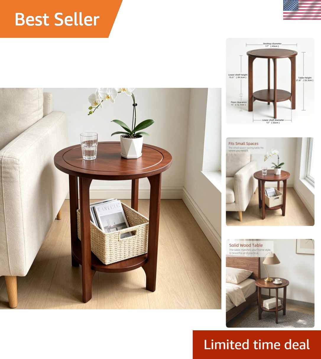 Small Round Side Table, 2-Tier Solid Wood End Table, Mid Century Modern Night…