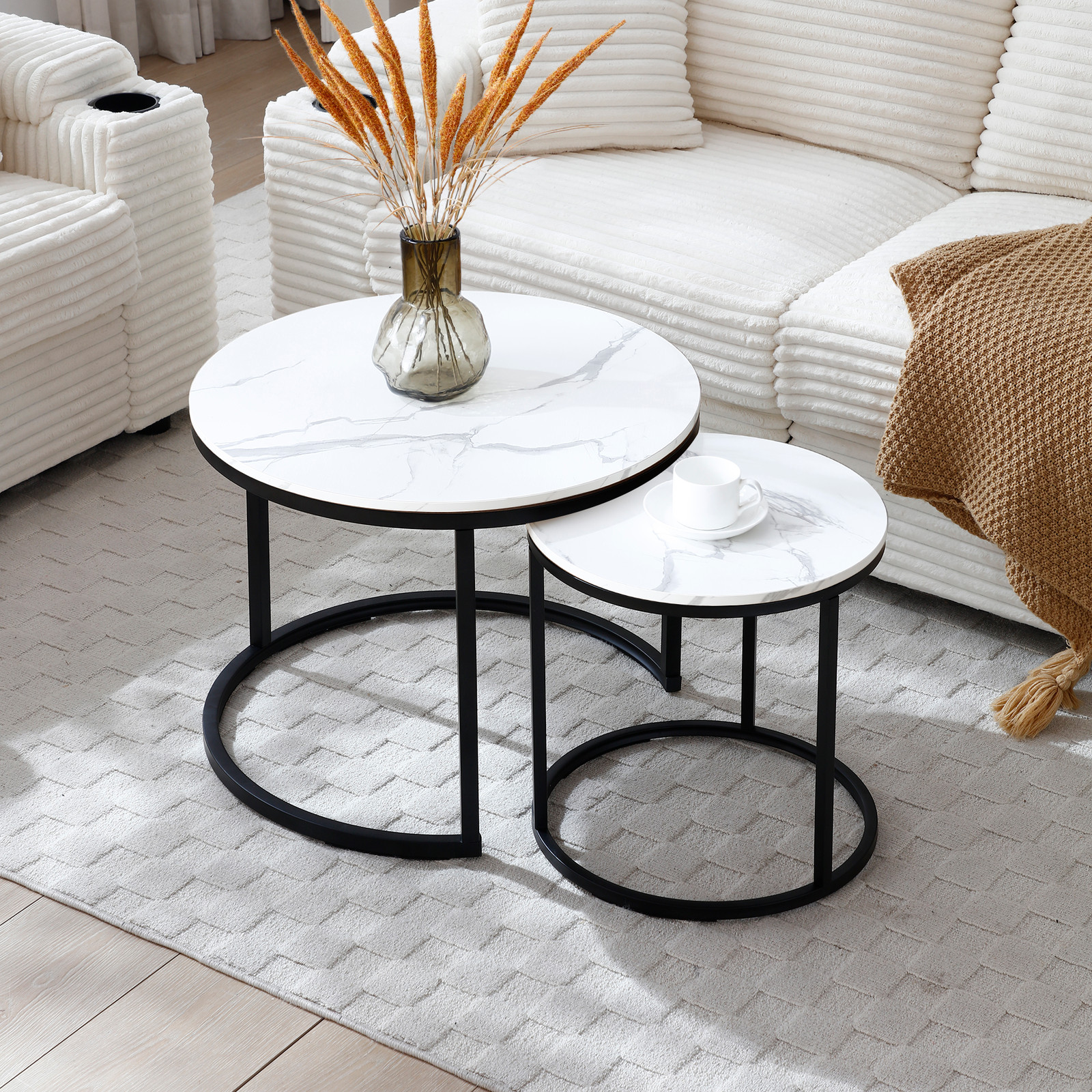 Nesting Round Coffee Table Set with White Gray Marble Top and Black Metal Frame