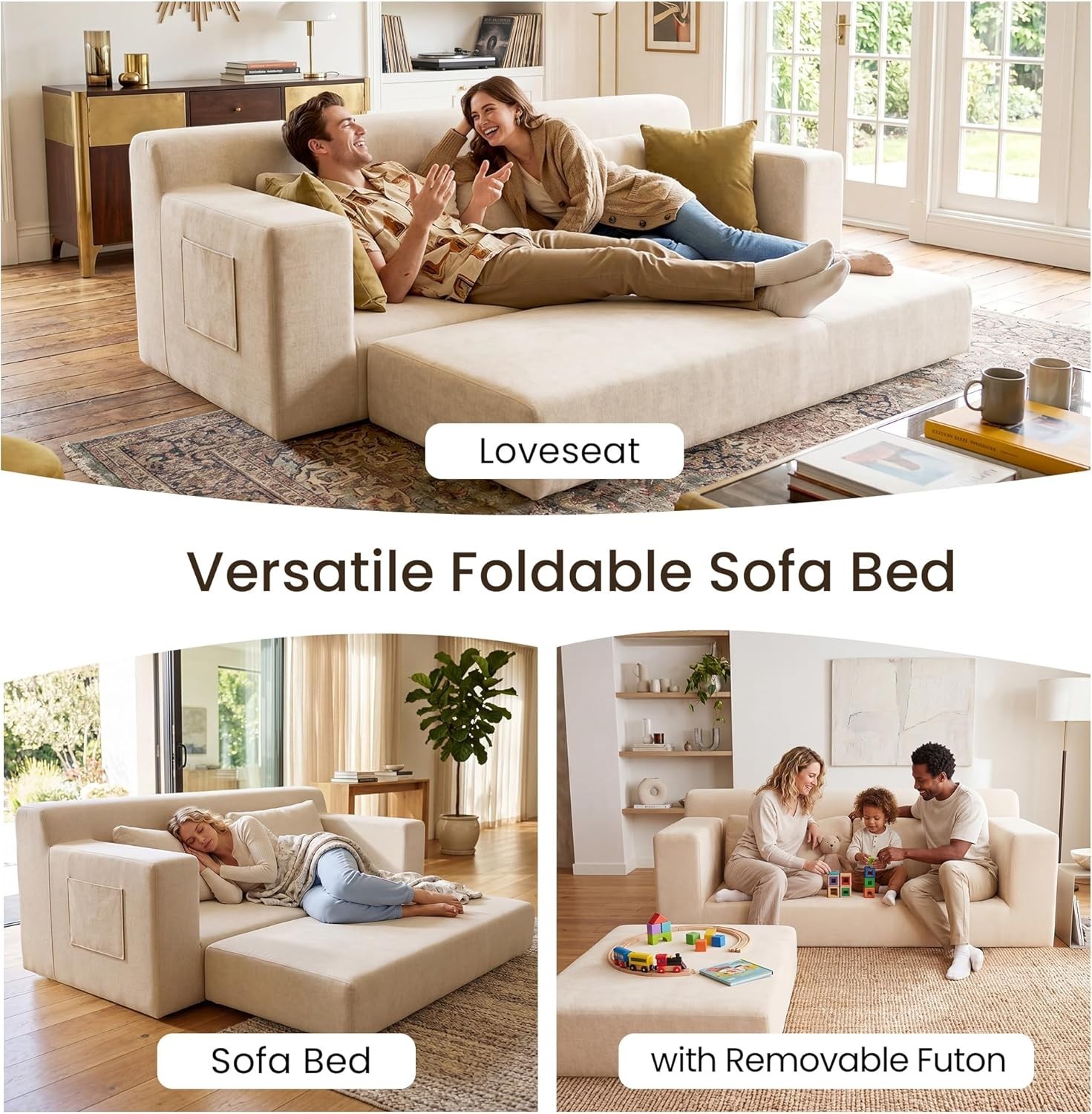 Sofa Couch 71Inches Convertible Folding 3Seater Chenille Storage Pillows Beige