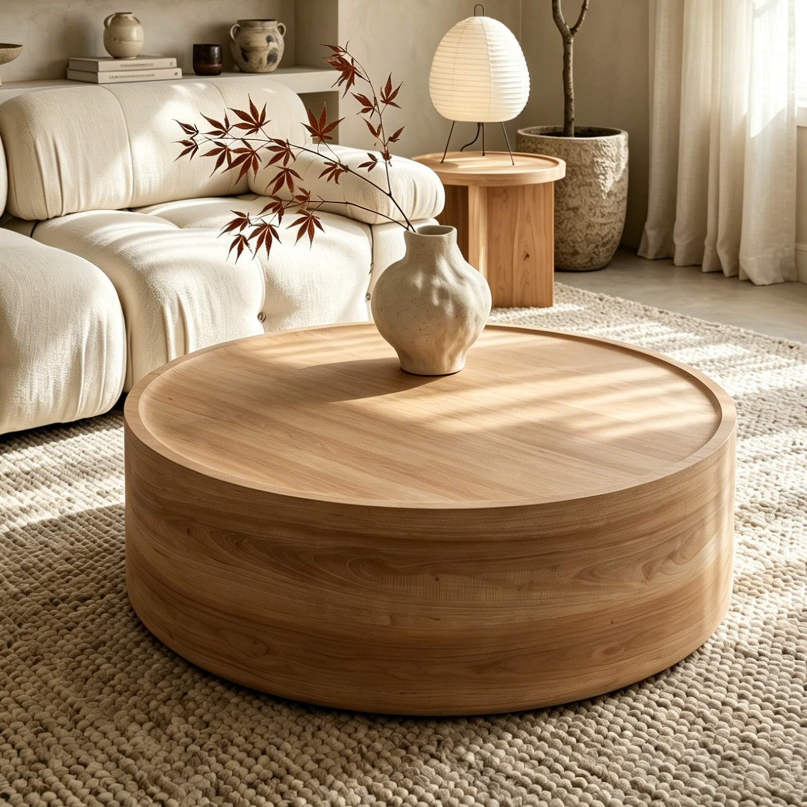 39.37″ Round Coffee Table Natural Wood Grain Modern Drum Circle No Assembly