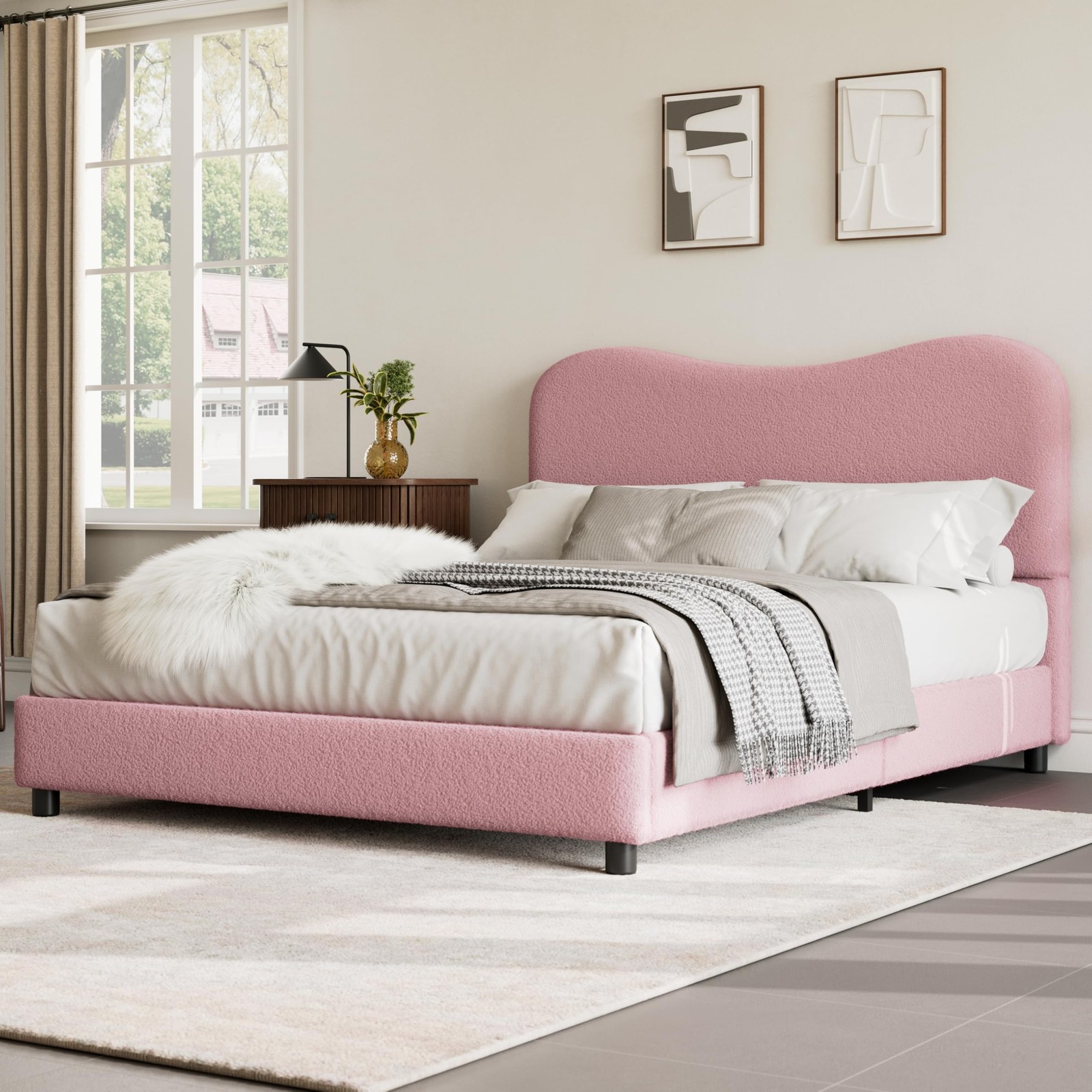 Twin King Queen Cute Platform Bed Frame FOR Kids Girls W/ Upholstered Headboard