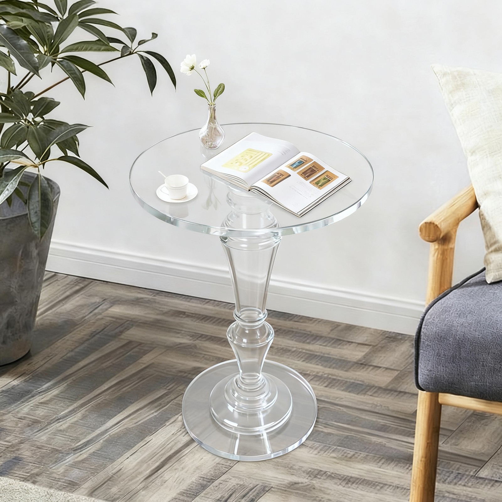 Clear Acrylic Side Table Round Ende Table Drink Table for Small Space 13.8″x19”